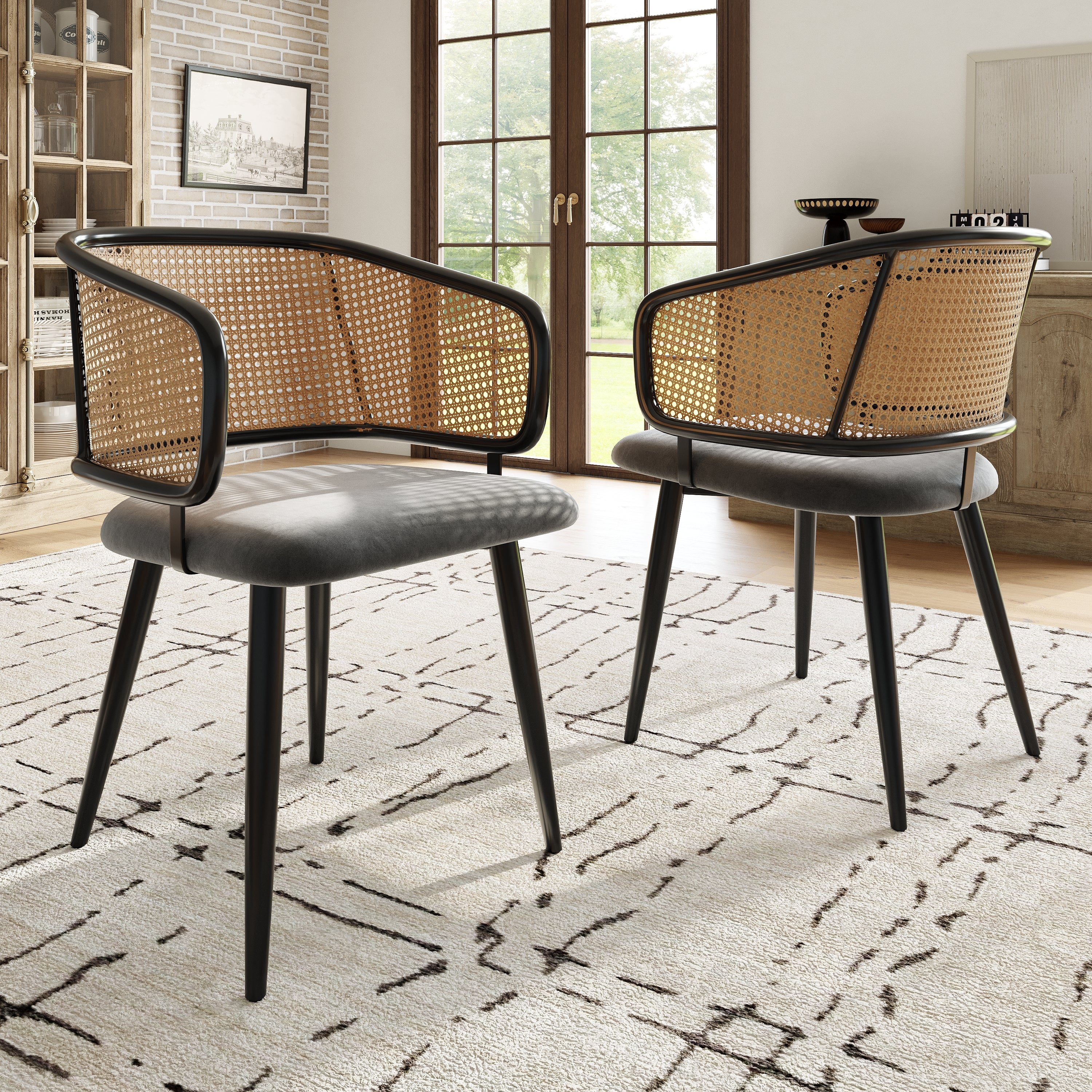 Dining Chairs, Rattan Backrest Velvet Cushion, Modern Style
