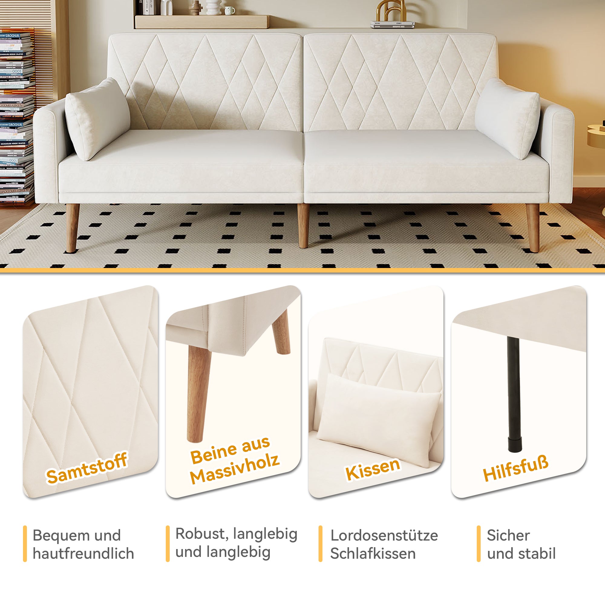 Sofa Bed, Two-Seater, Sleep Function, Velvet Fabric