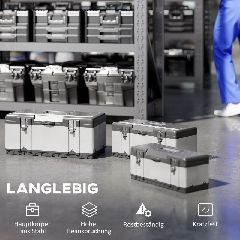 Tool Case, 3 Empty Tool Boxes with Removable Tray, Stainless Steel, Black + Silver