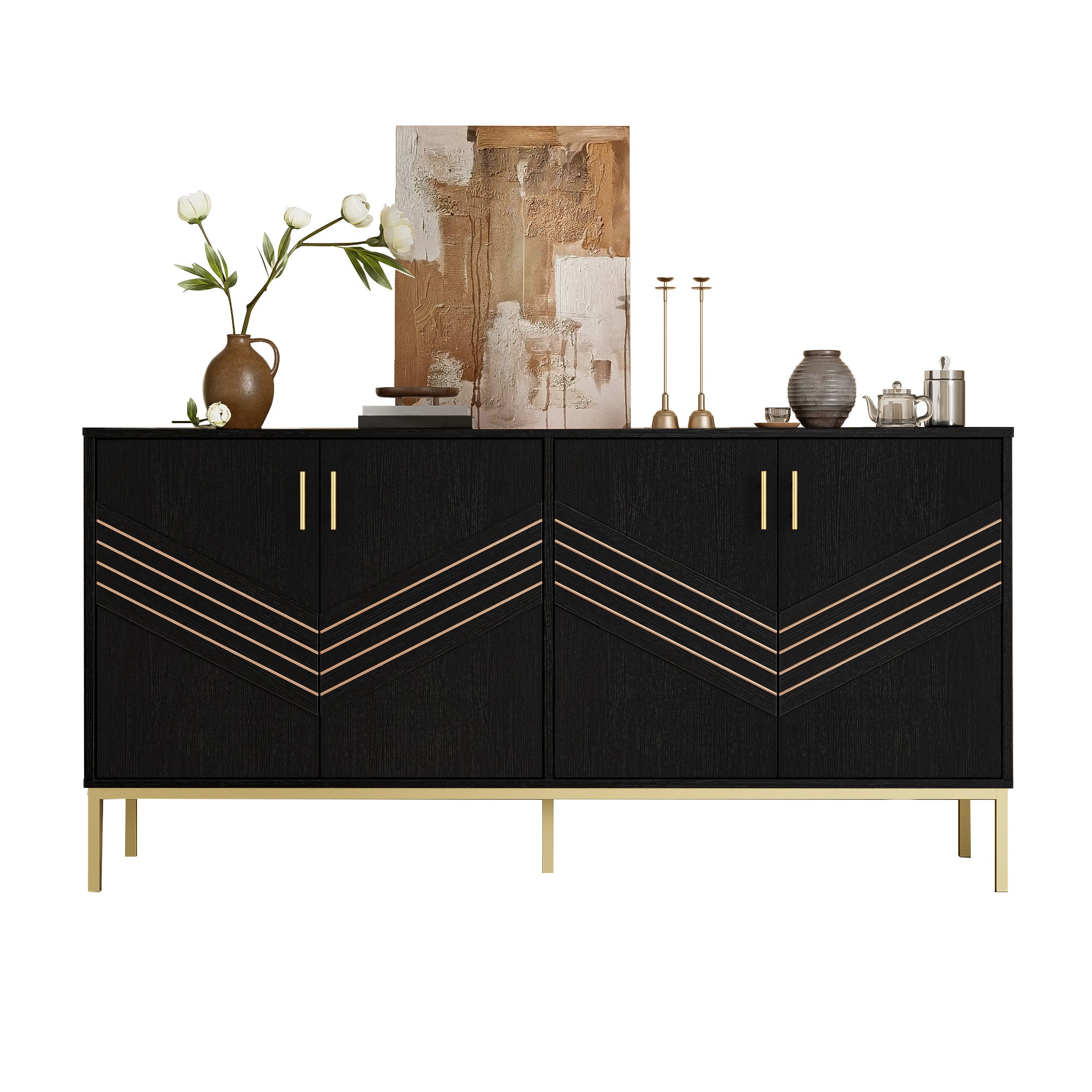 Sideboard, 4-Door Modern Large Capacity with Adjustable Shelves, Black and Gold MDF