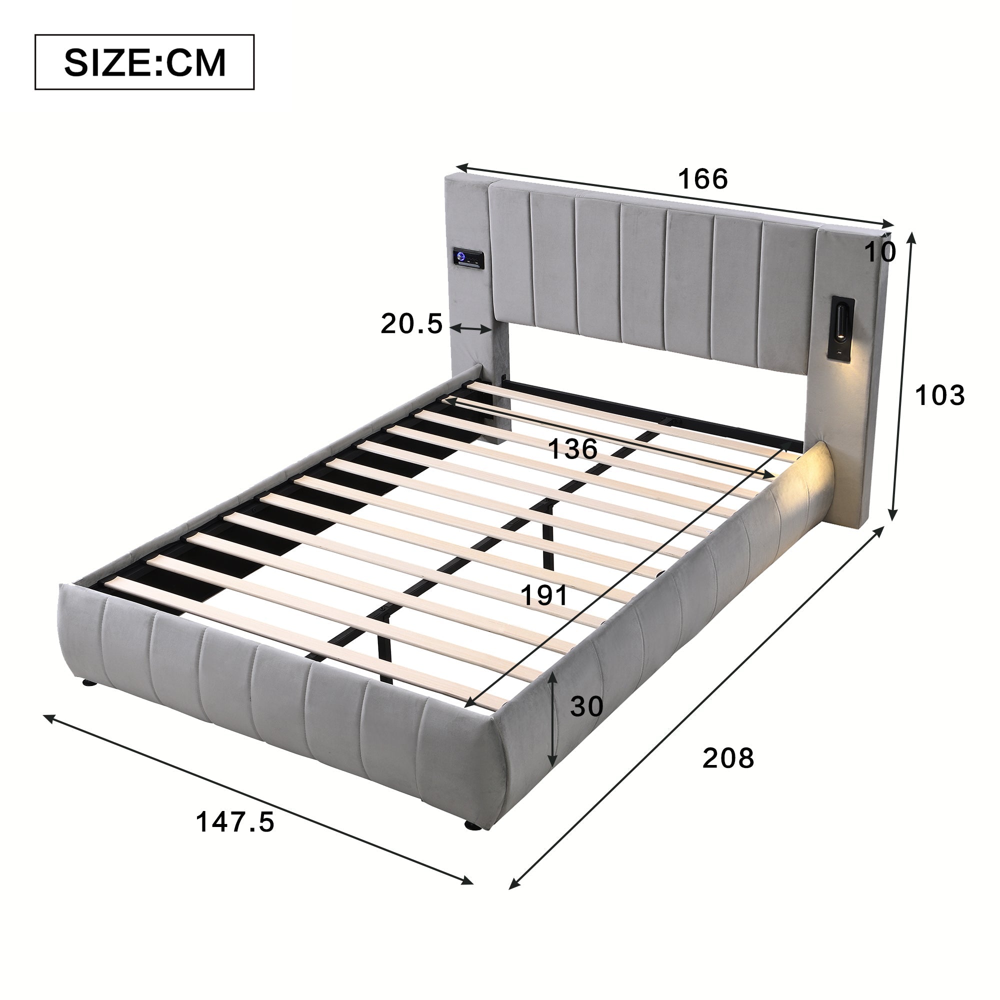 Upholstered Bed 4ft6 Double, 135x190cm, with Stereo, USB-A & USB-C, Lighting, Electrical Plug, Soft Headboard, Velvet & Iron, Grey