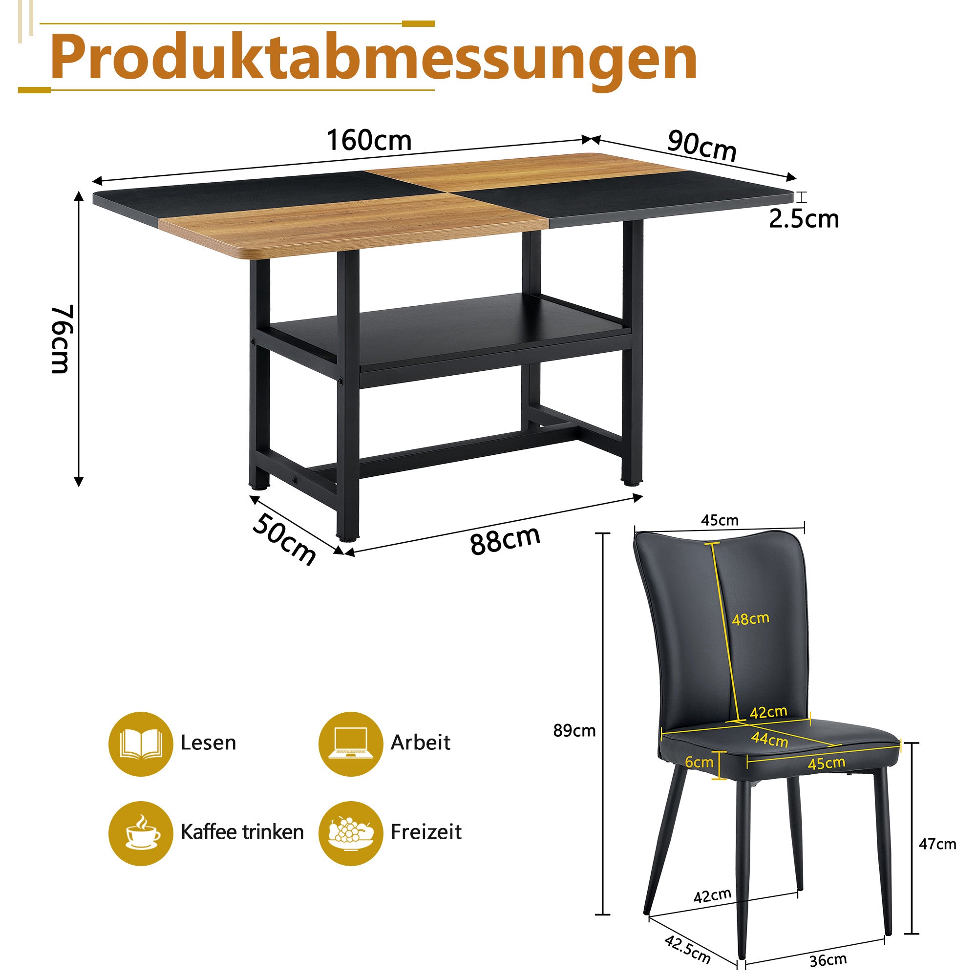 Dining Table Set, 160cm Rectangular with 4 Chairs & Storage, Black PU/Metal