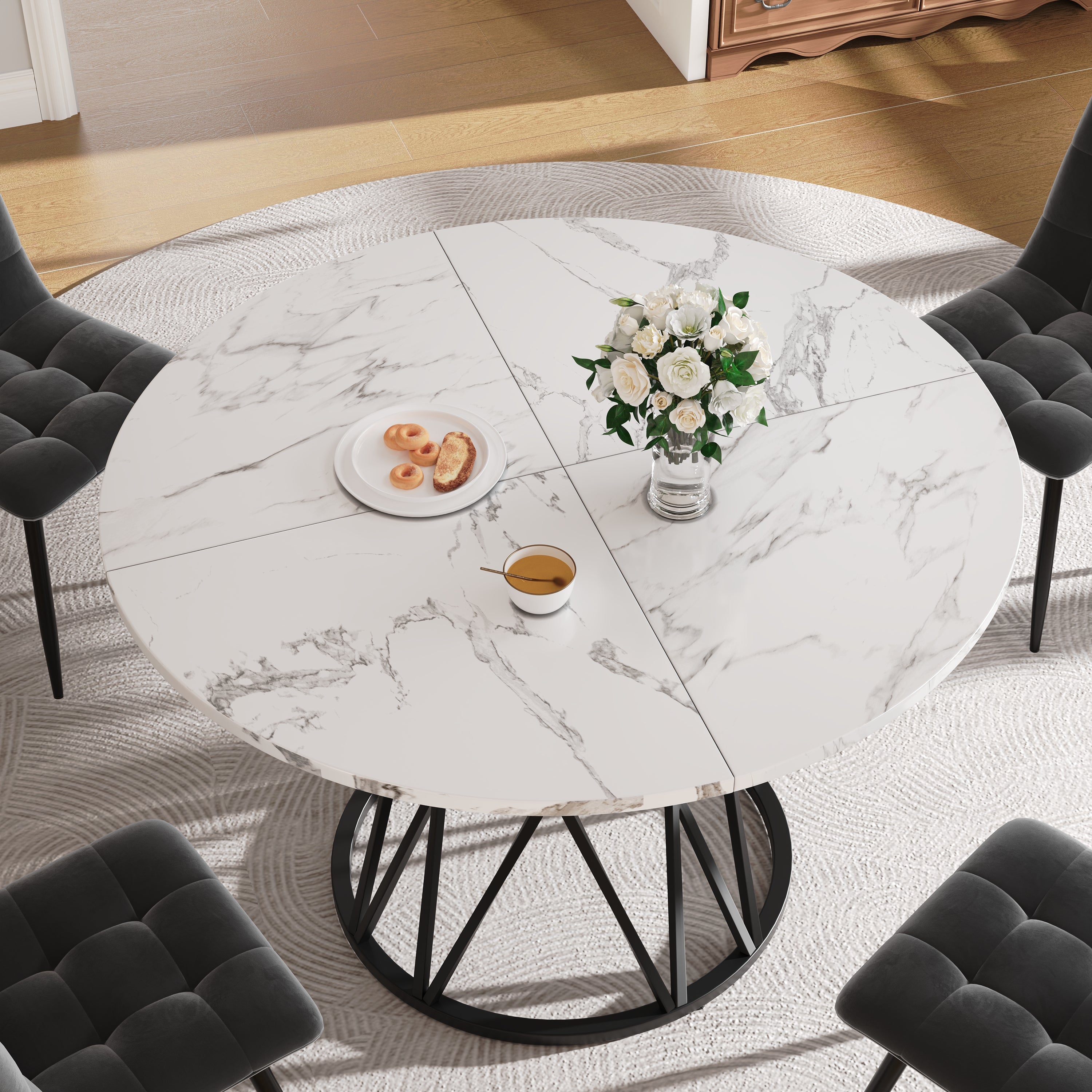 5-Piece Dining Set Modern Round 100cm Marble Top, Grey Velvet & Black Metal