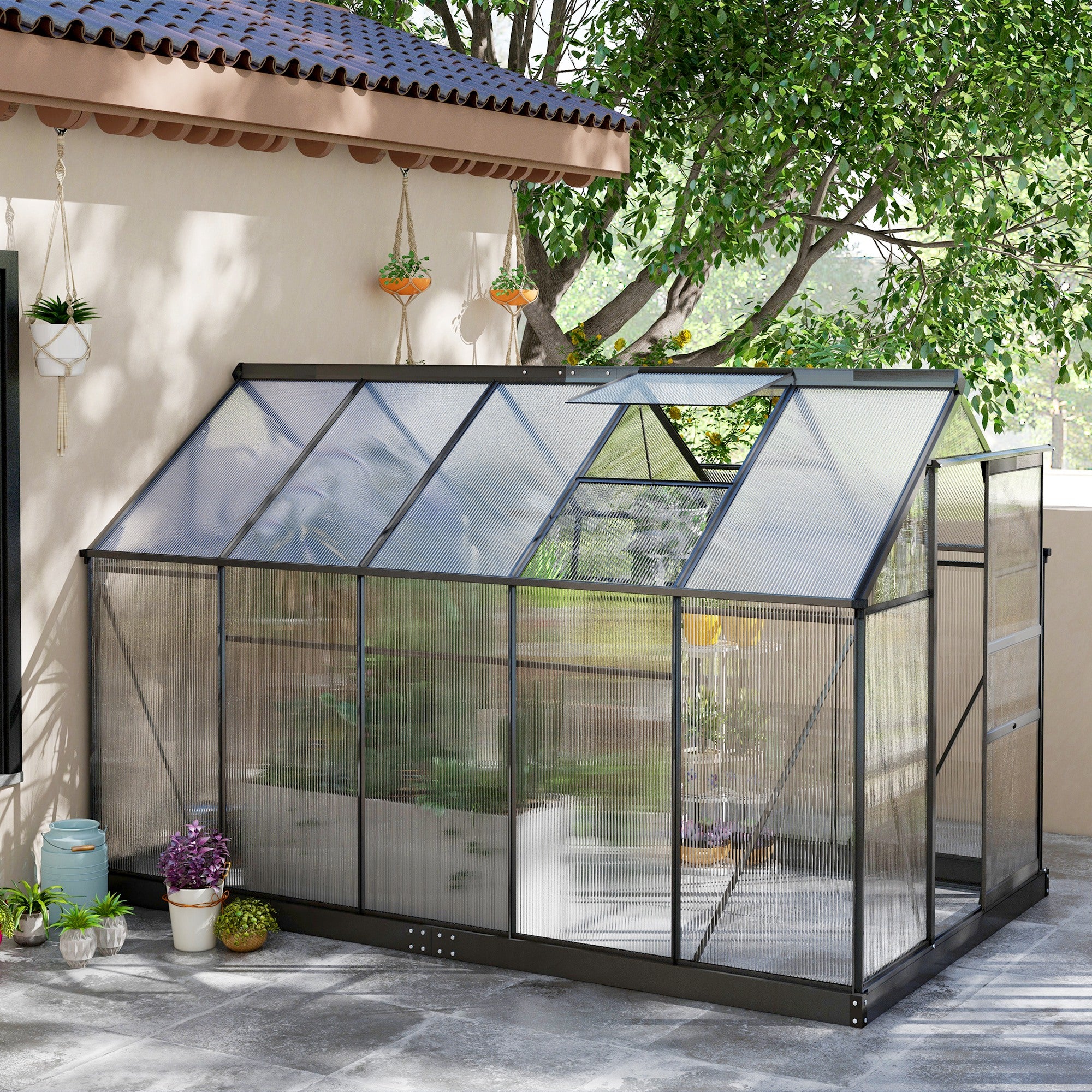 6 x 10ft Polycarbonate Greenhouse, Walk-In with Slide Door and Window, Aluminium Frame, Grey