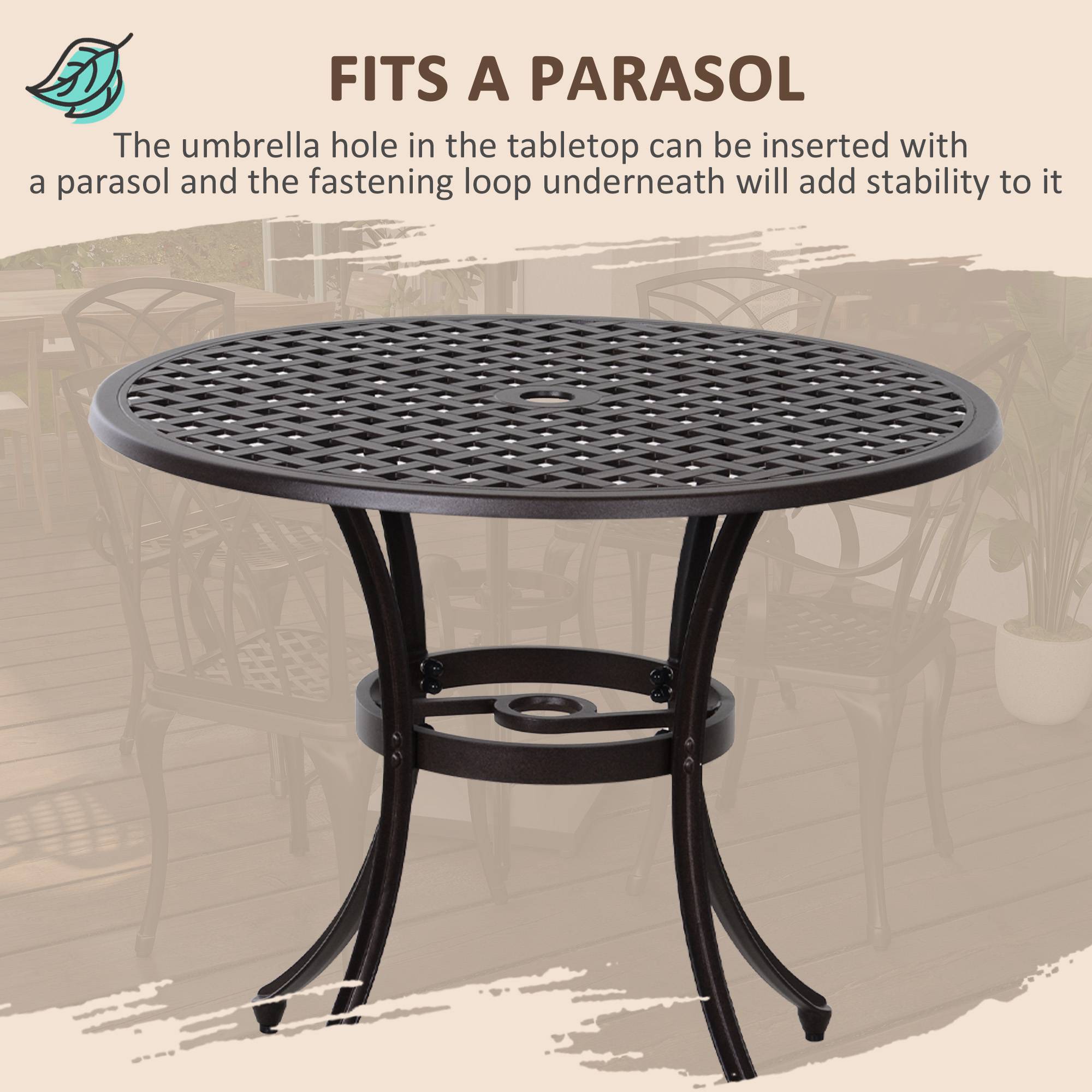5 Pieces Garden Dining Set for 4, Cast Aluminium with Parasol Hole, Brown