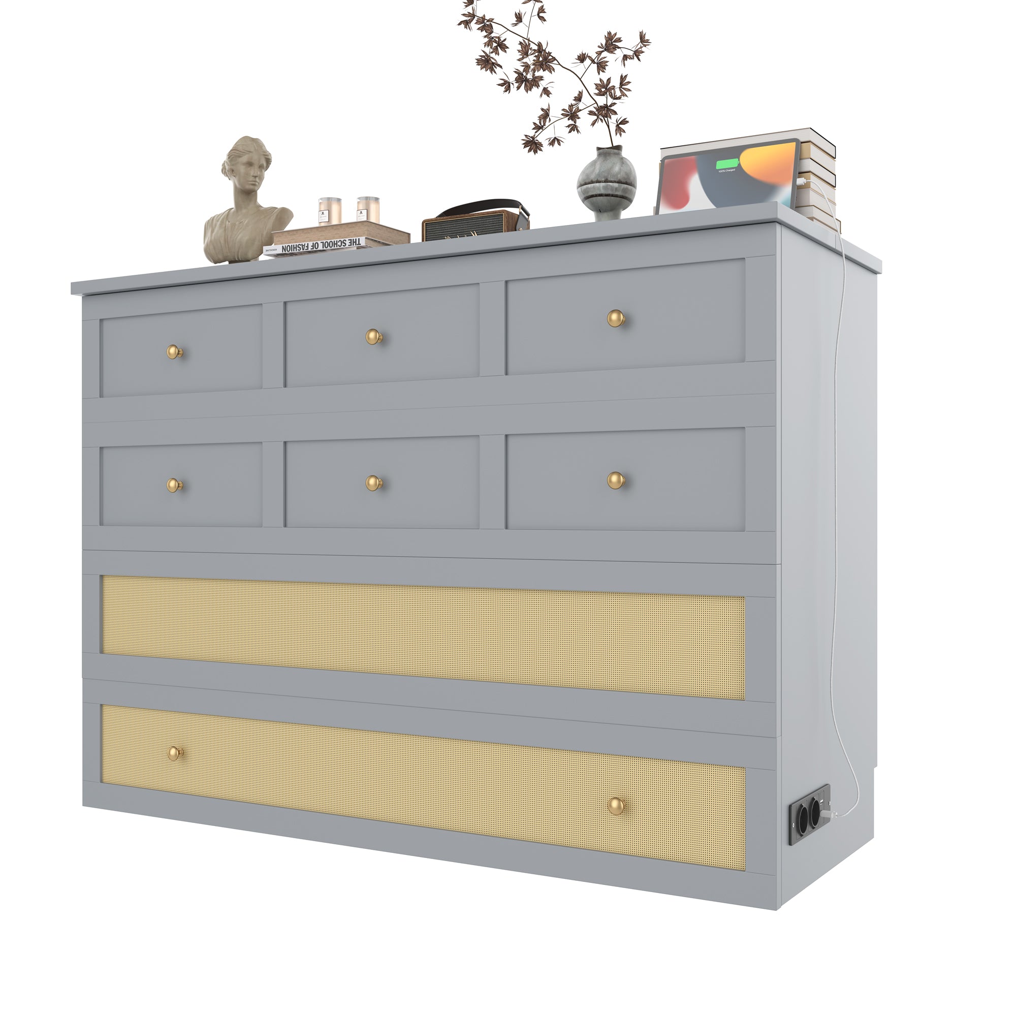 Wall Bed 140x200cm Mobile Convertible Storage Drawers Shelf USB/Power Outlet - Grey