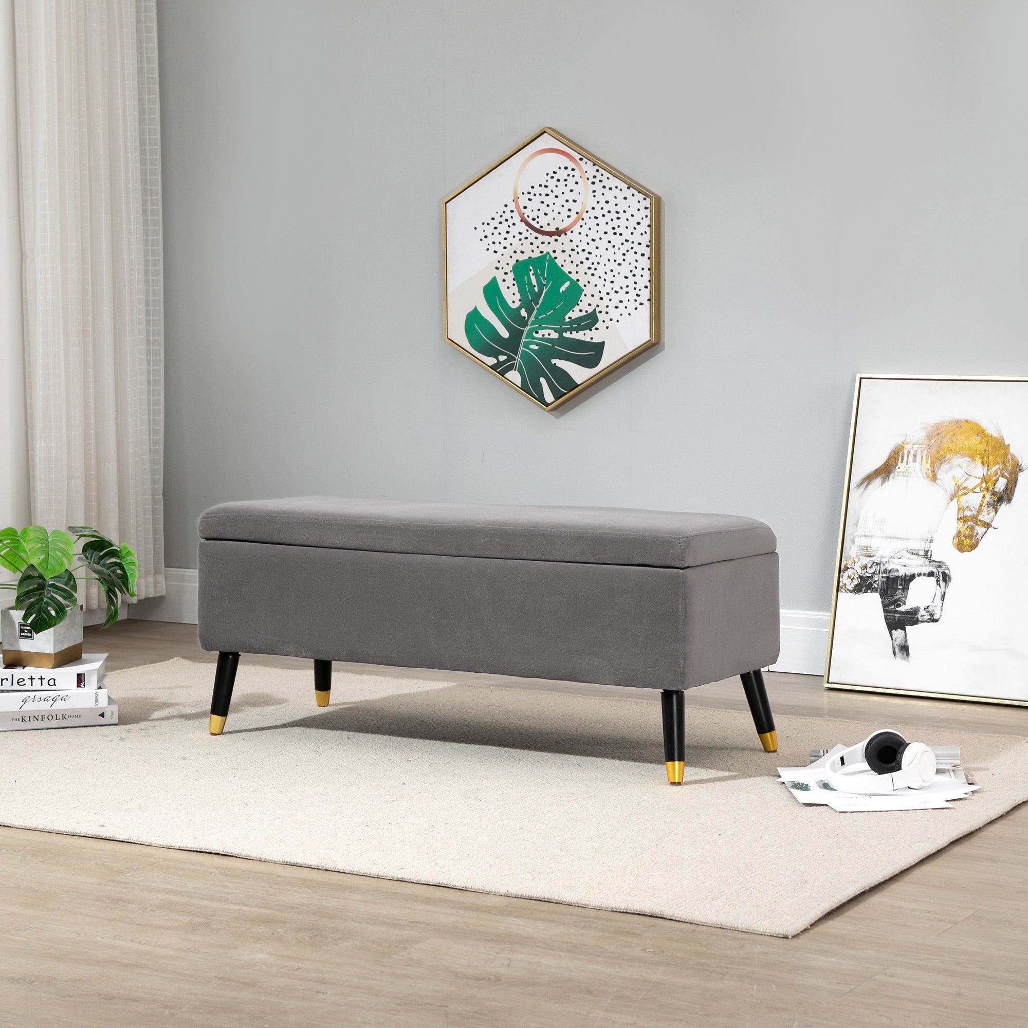 Upholstered bench with storage space, metal and rubber wood, charcoal grey