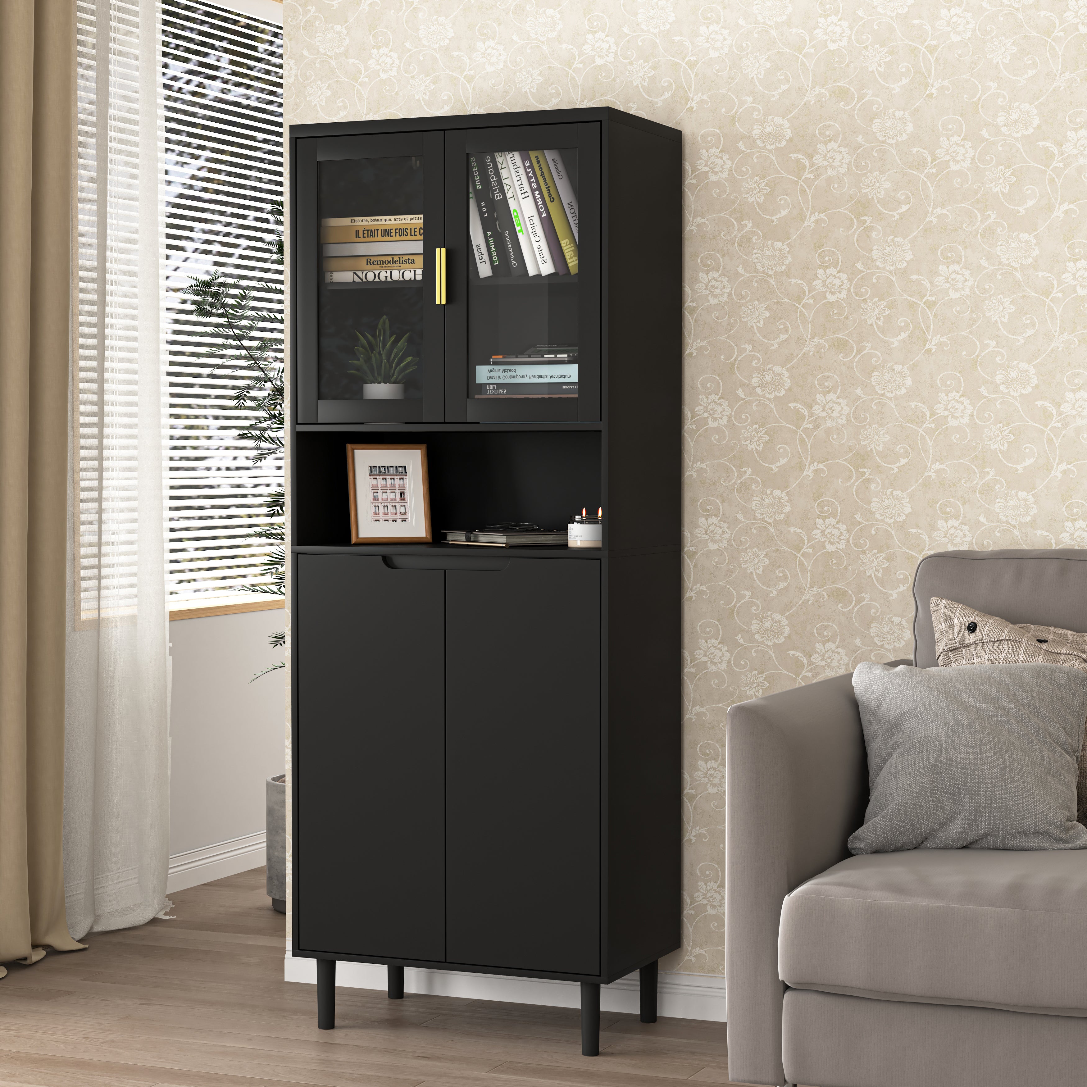 Tall Bookcase 4-Door Storage with Tempered Glass and Adjustable Shelf - Black MDF
