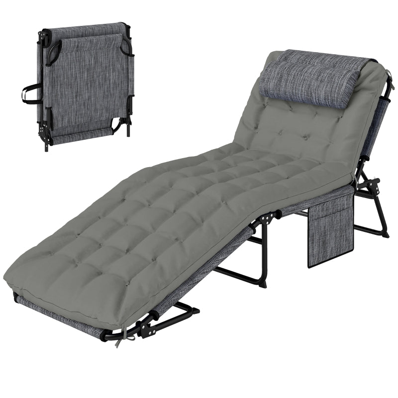 Sun Lounger 4-Position Adjustable Backrest Cushion Side Pocket - Grey
