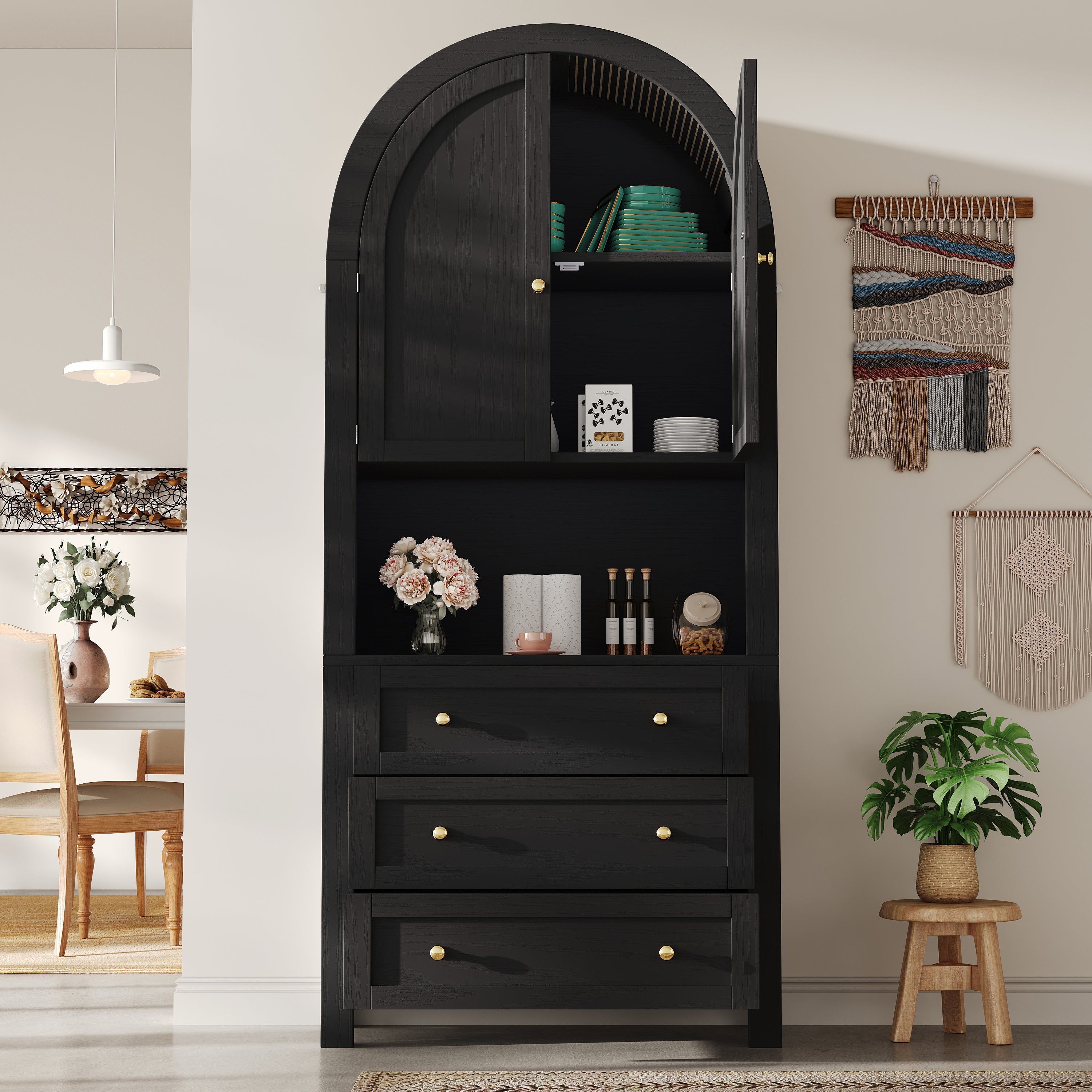 Tall Arched Storage Cabinet with Drawers, Doors & Open Display Area - Black