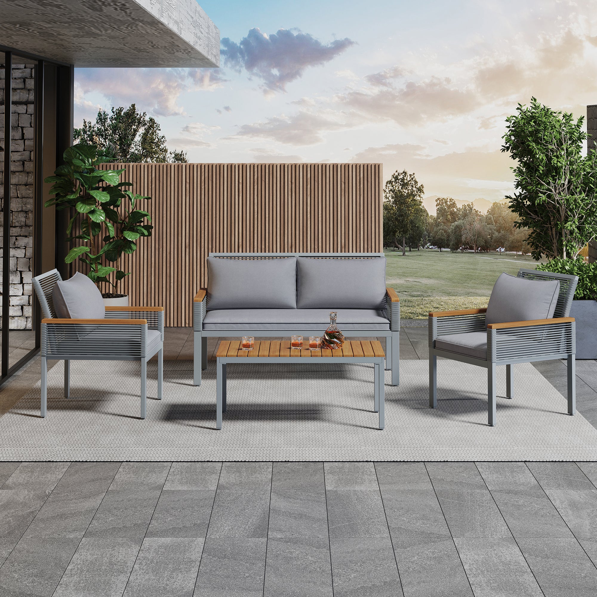 Garden Lounge Set with Double Sofa and 2 Armchairs, Grey Rattan