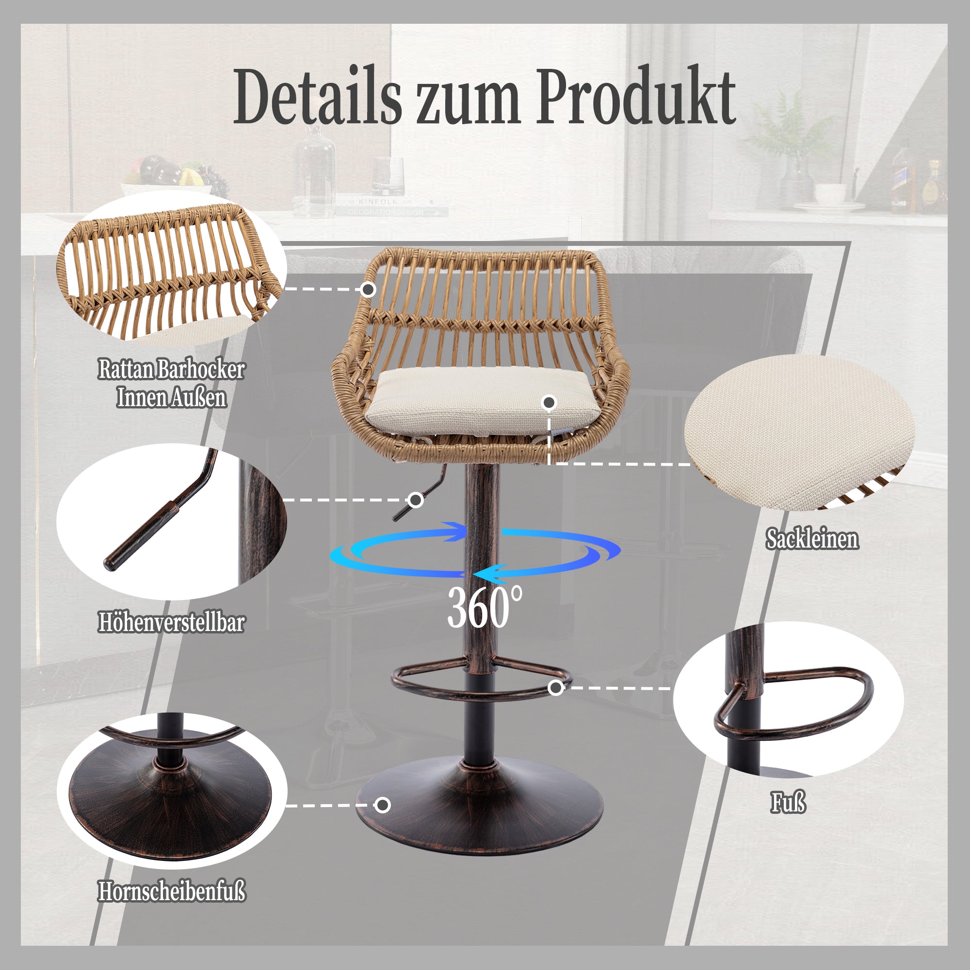 Modern Bar Stool Set of 2, Adjustable with Footrest, Beige