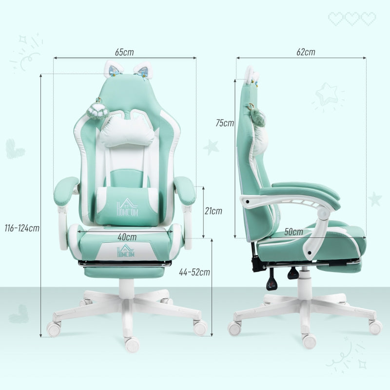 Cat Ear and Paw Office Chair Reclining with Footrest, Light Blue/White