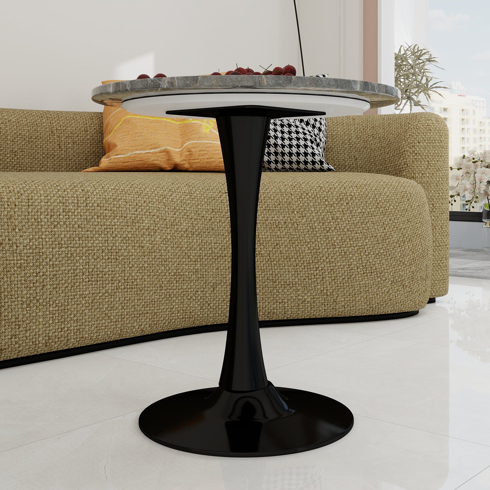 Coffee Table Mid-Century Modern 27.6" Round Marble - Black