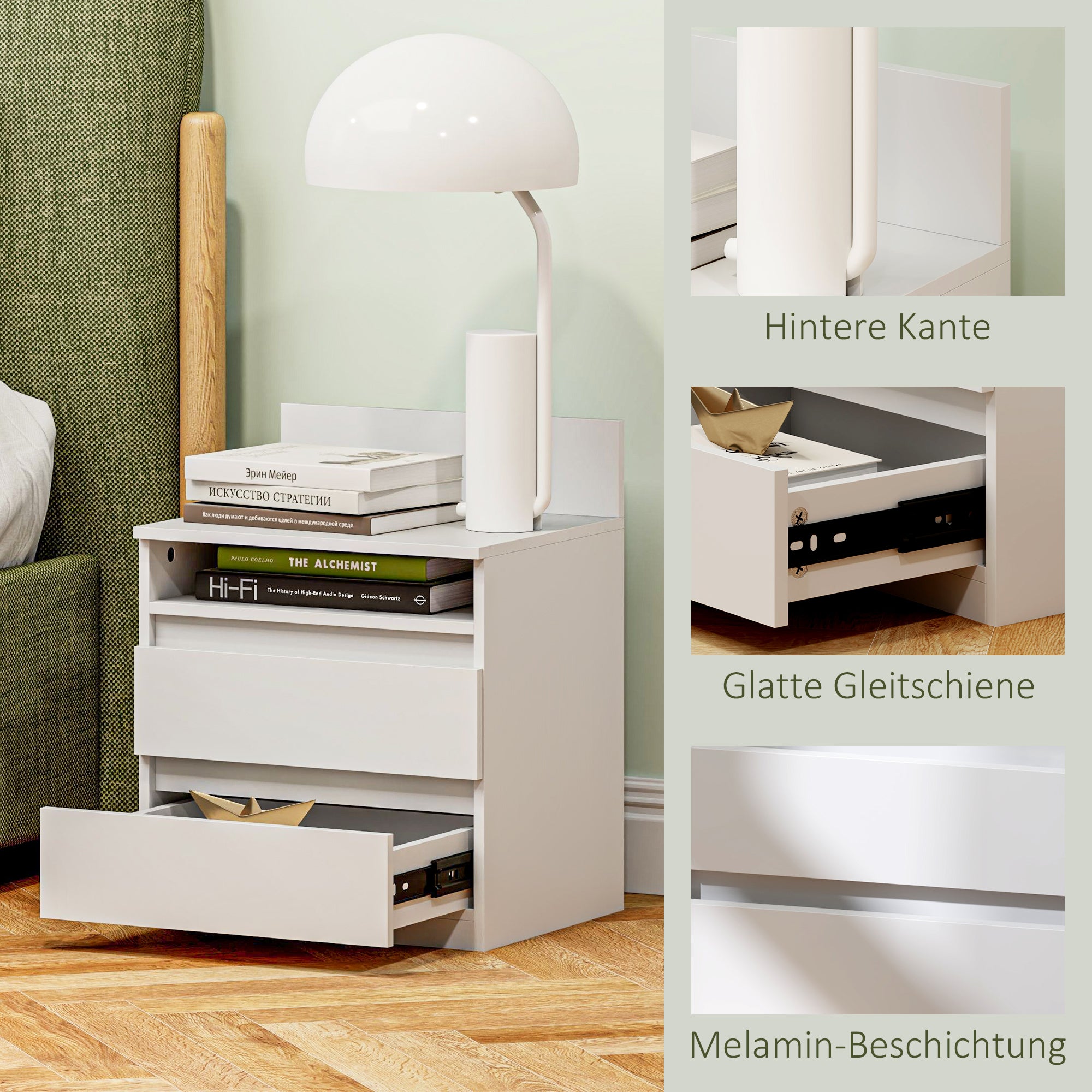 Set of 2 Bedside Tables, 2 Drawers, Nightstand with Shelf, White