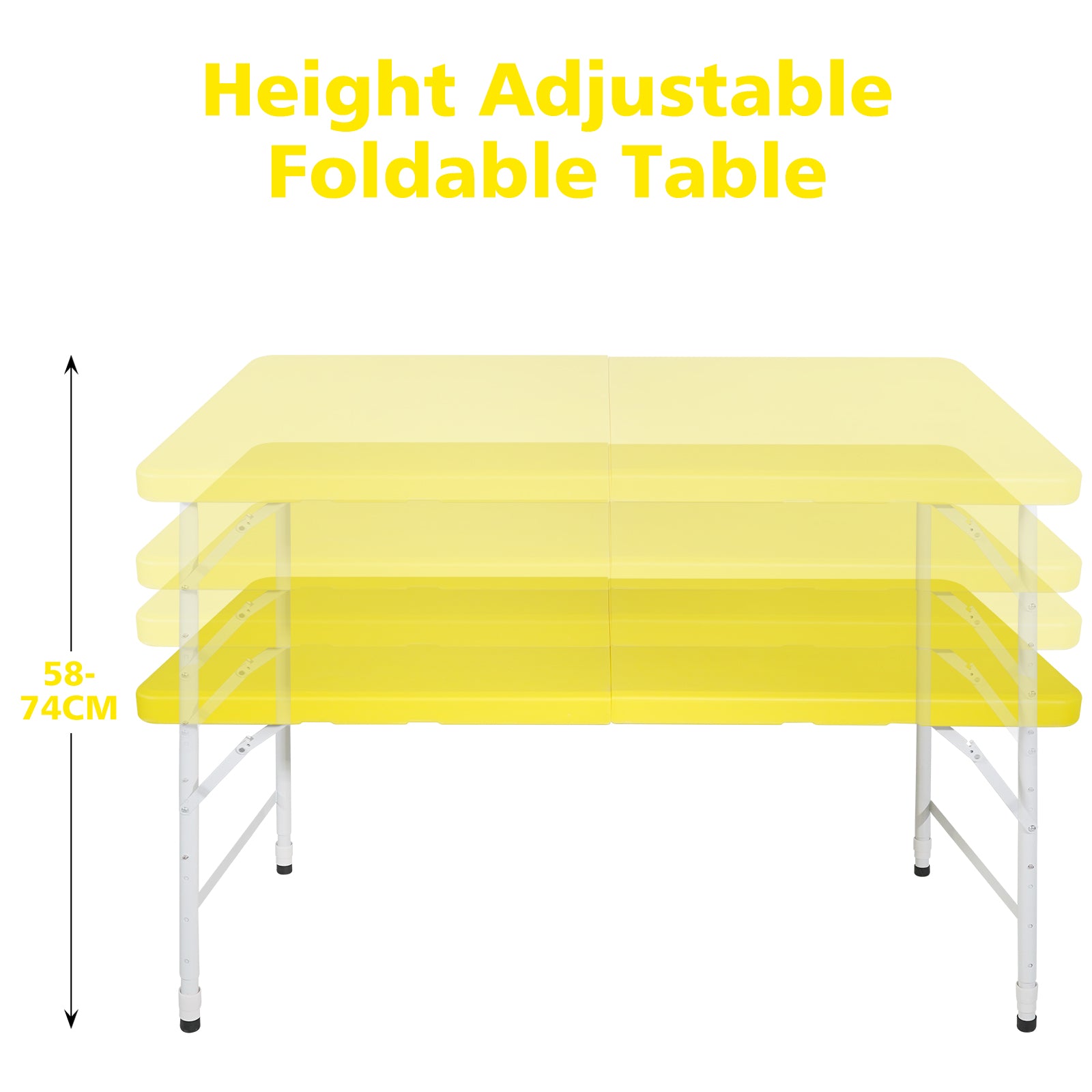 Portable Heavy Duty Folding Table with Handle, Adjustable Height Multi-Functional Table, Yellow