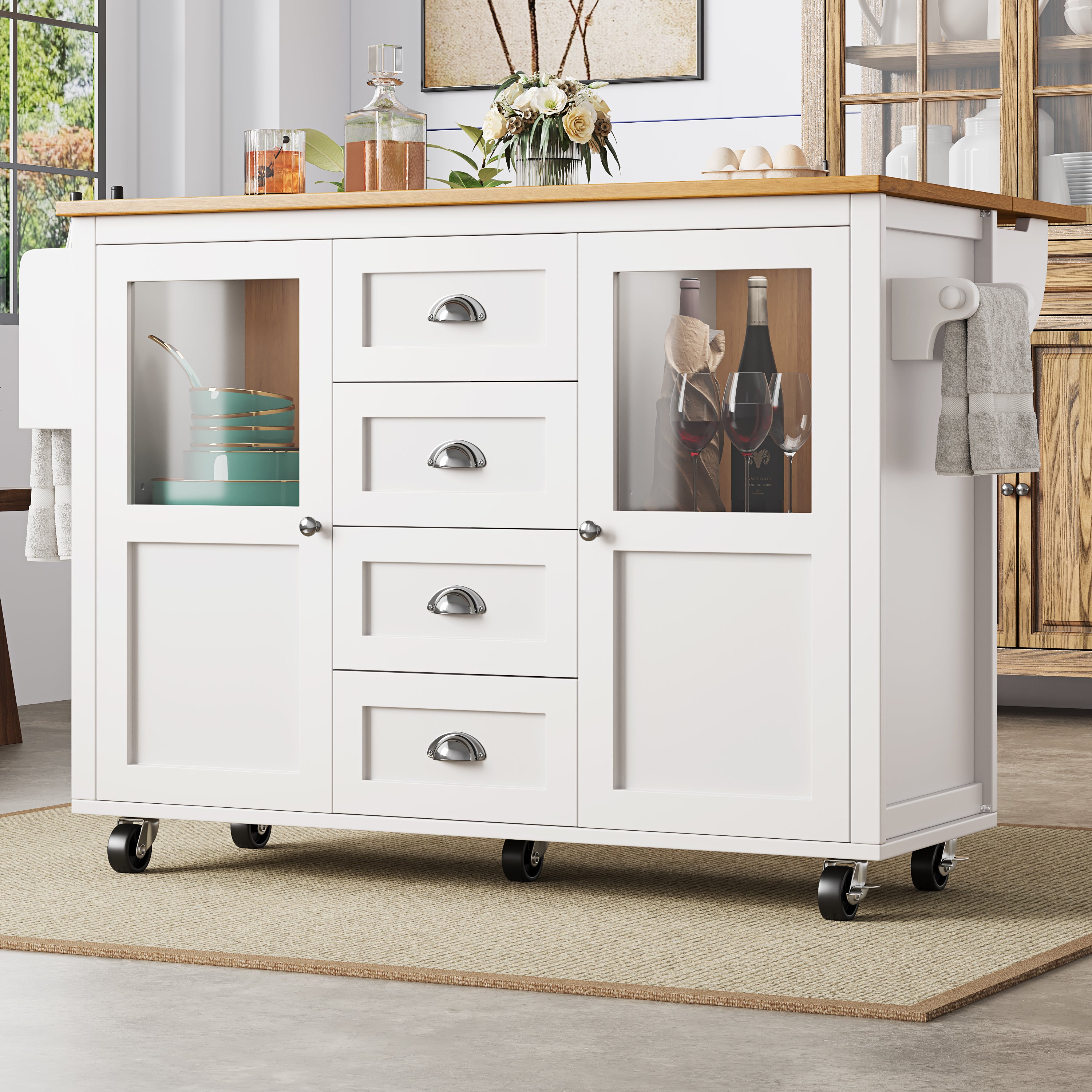 Kitchen Island with Extendable Trolley and Storage Drawers, White/Black