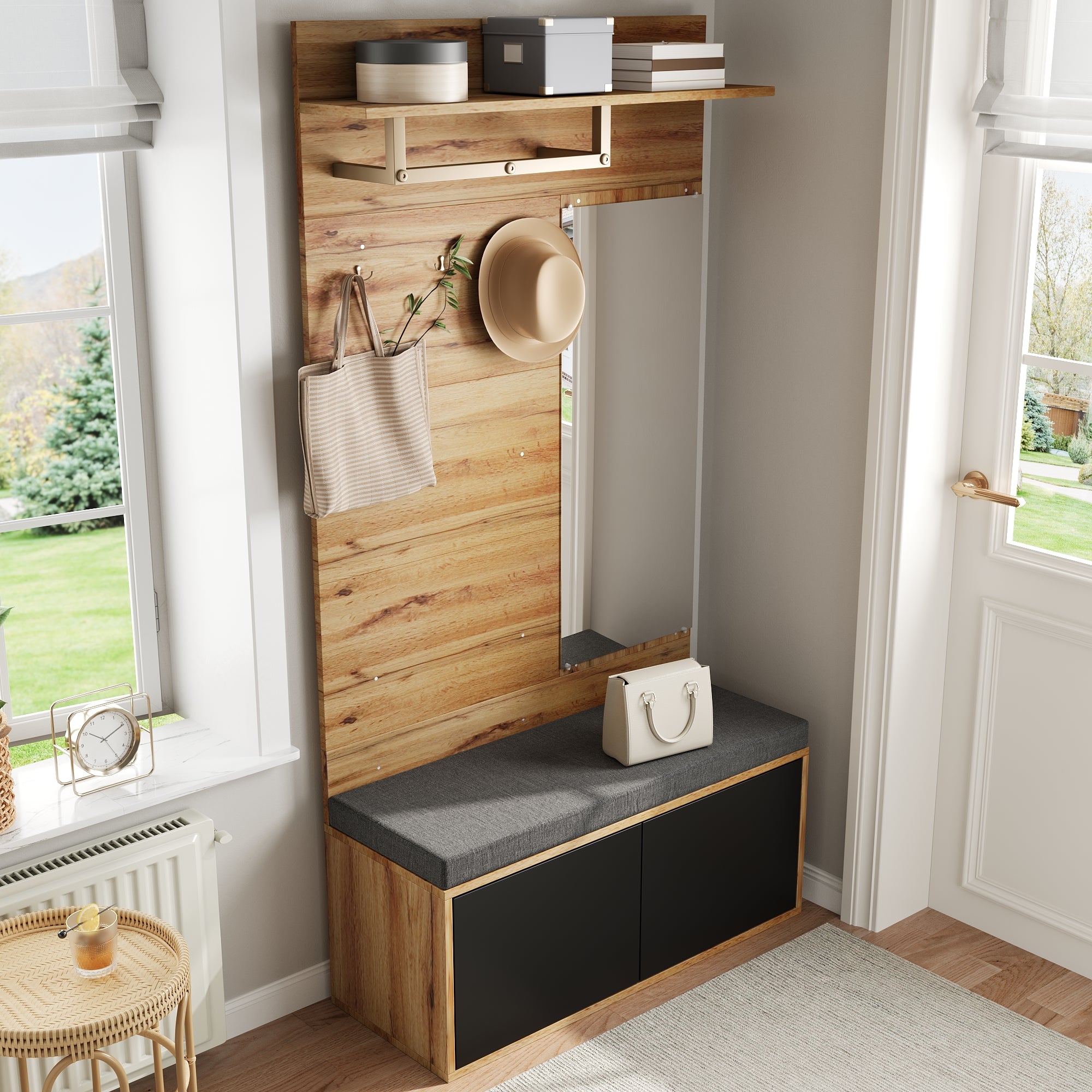 Wardrobe Set Compact Hallway Unit with Mirror, Cushions, and Shoe Cabinet, 100x190x38 cm