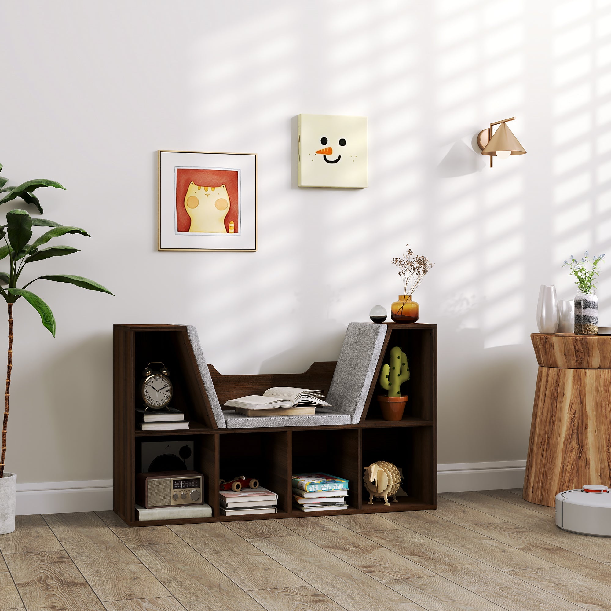 Bookcase Storage Shelf with Cushioned Reading Seat, Cube Organizer, Chestnut