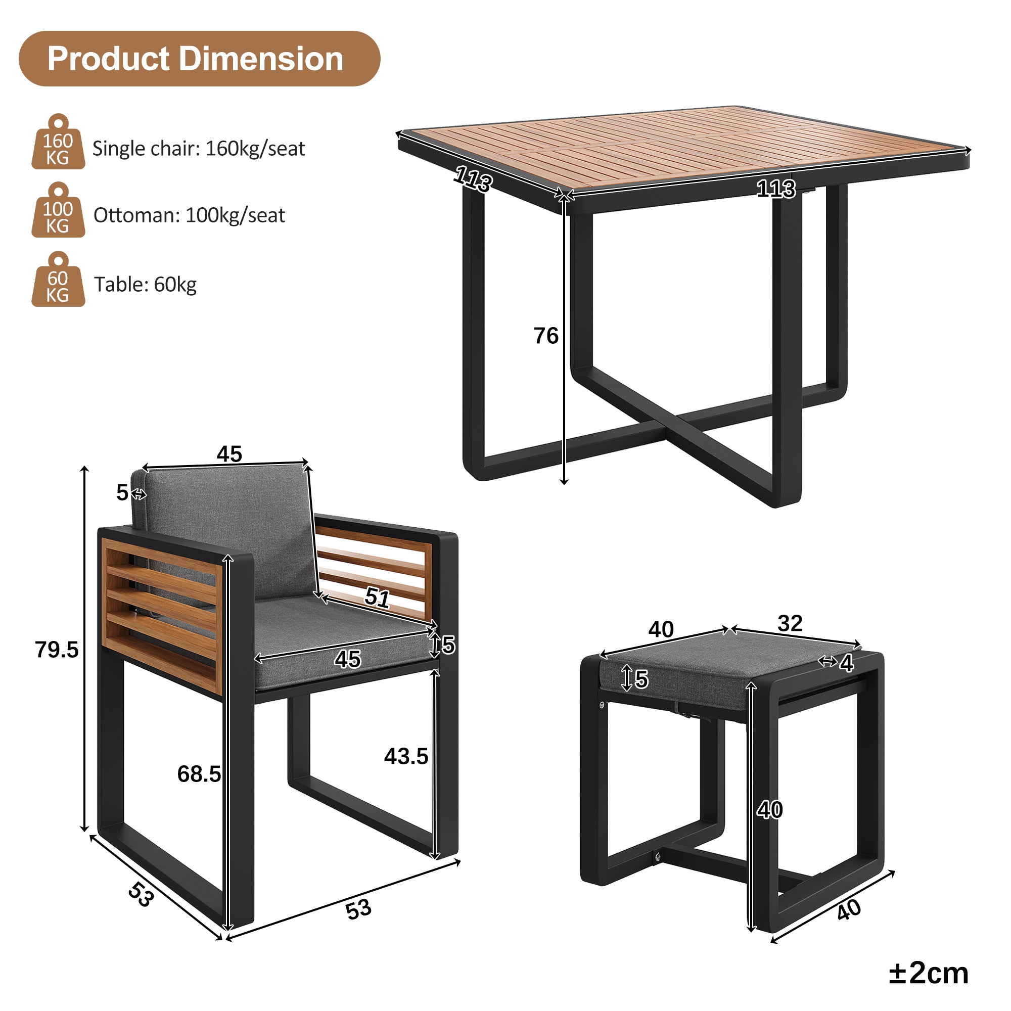 Garden Furniture Set, Lounge Seating Group with 6 Chairs and Table, Solid Wood Tabletop