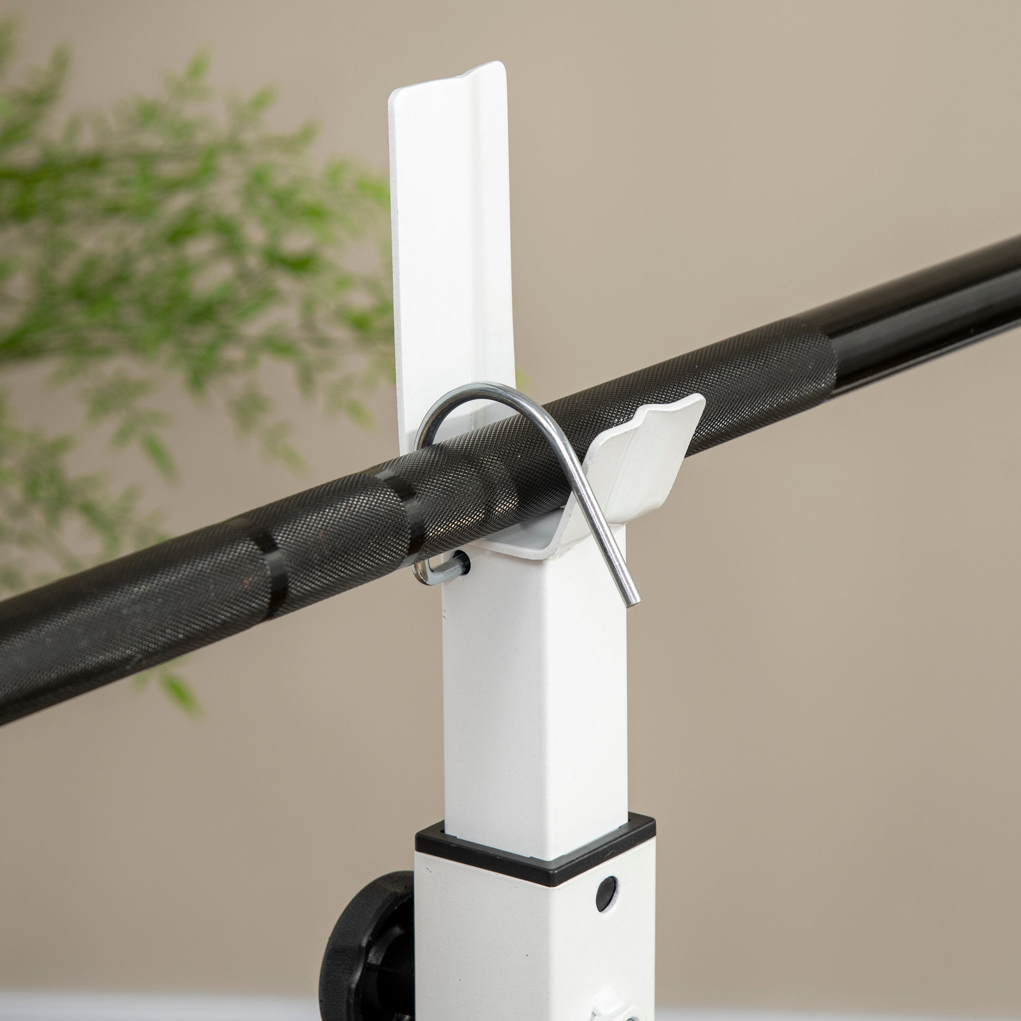 Weight Bench with Leg Press, Barbell Rack, and Armrests, Black and White