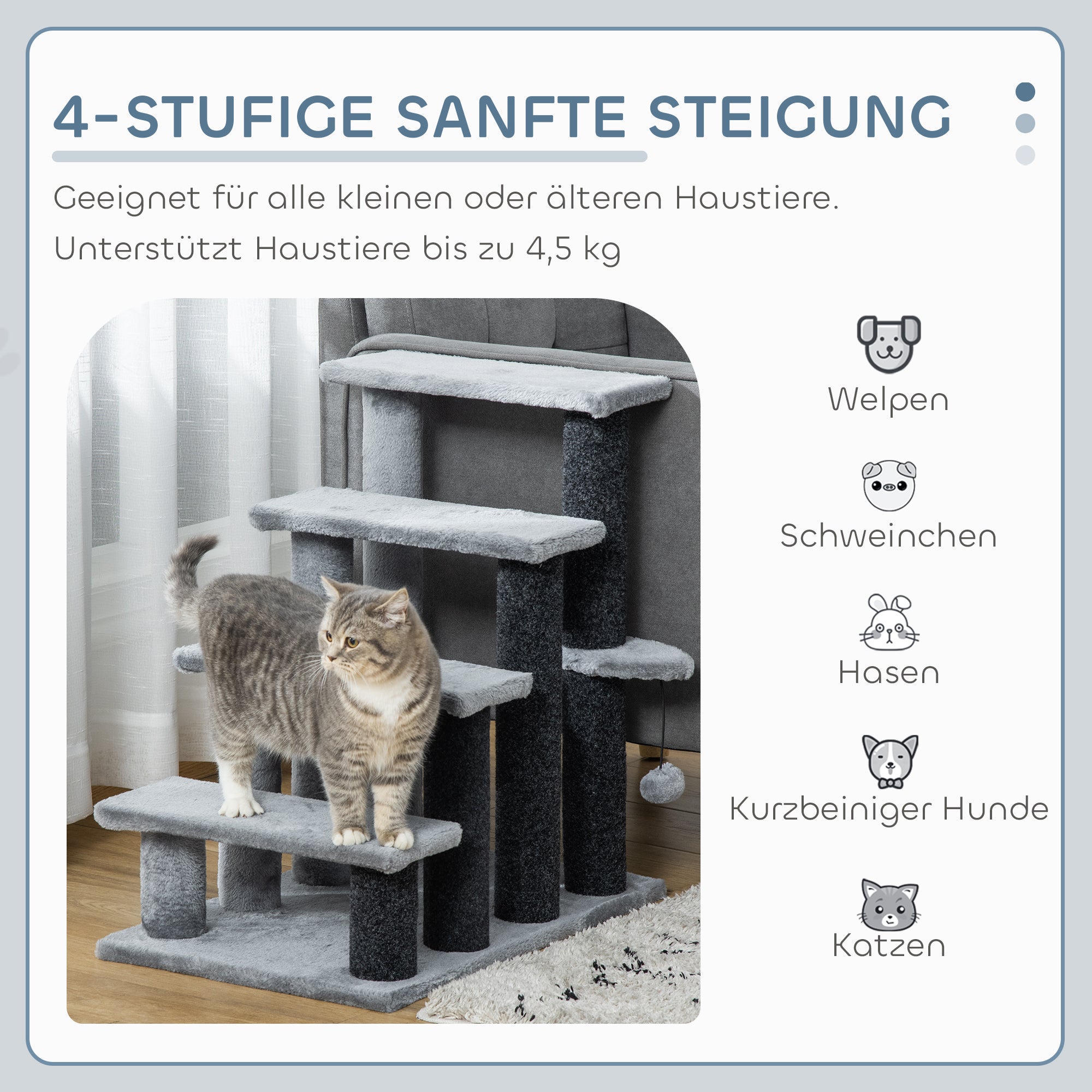 Cat Stairs, 64cm 4 Steps with Play Ball, Jute and Plush, Grey
