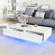 Coffee Table, Modern High-Gloss with 2 Drawers, LED Lighting, White