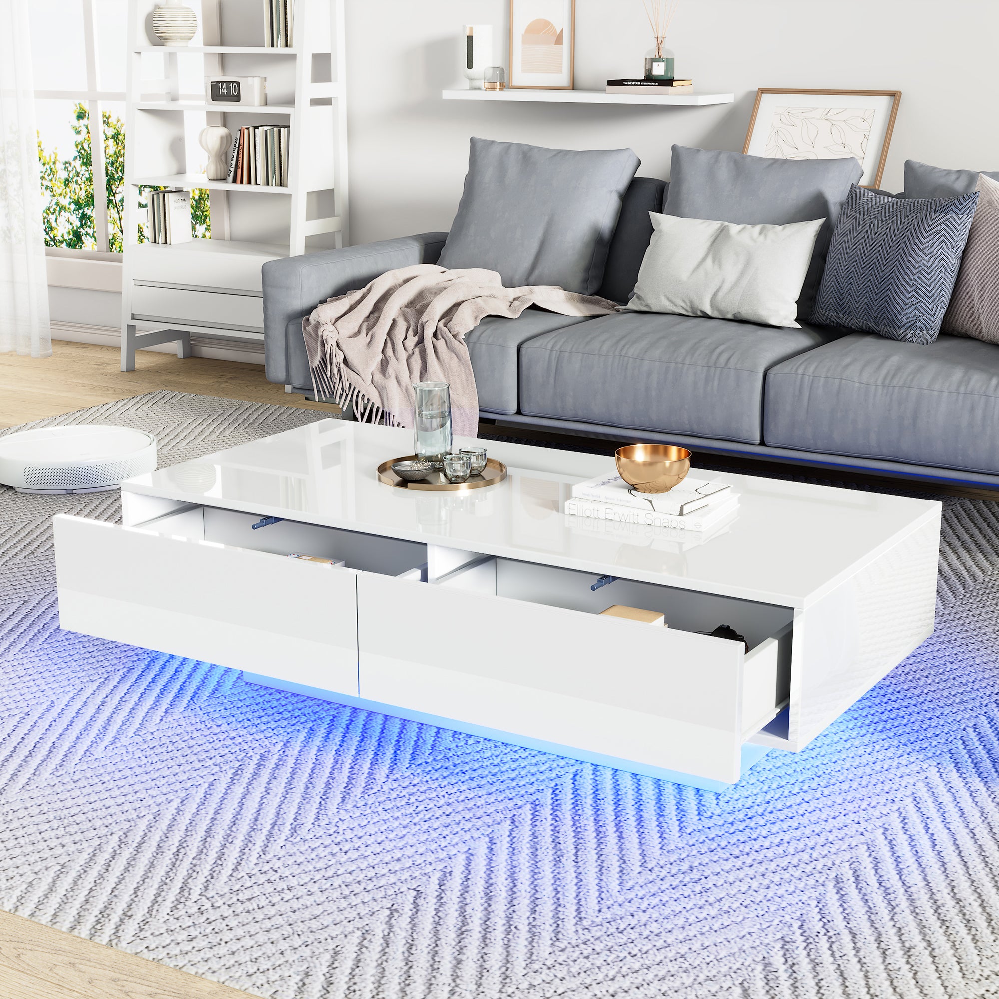 Coffee Table, Modern High-Gloss with 2 Drawers, LED Lighting, White