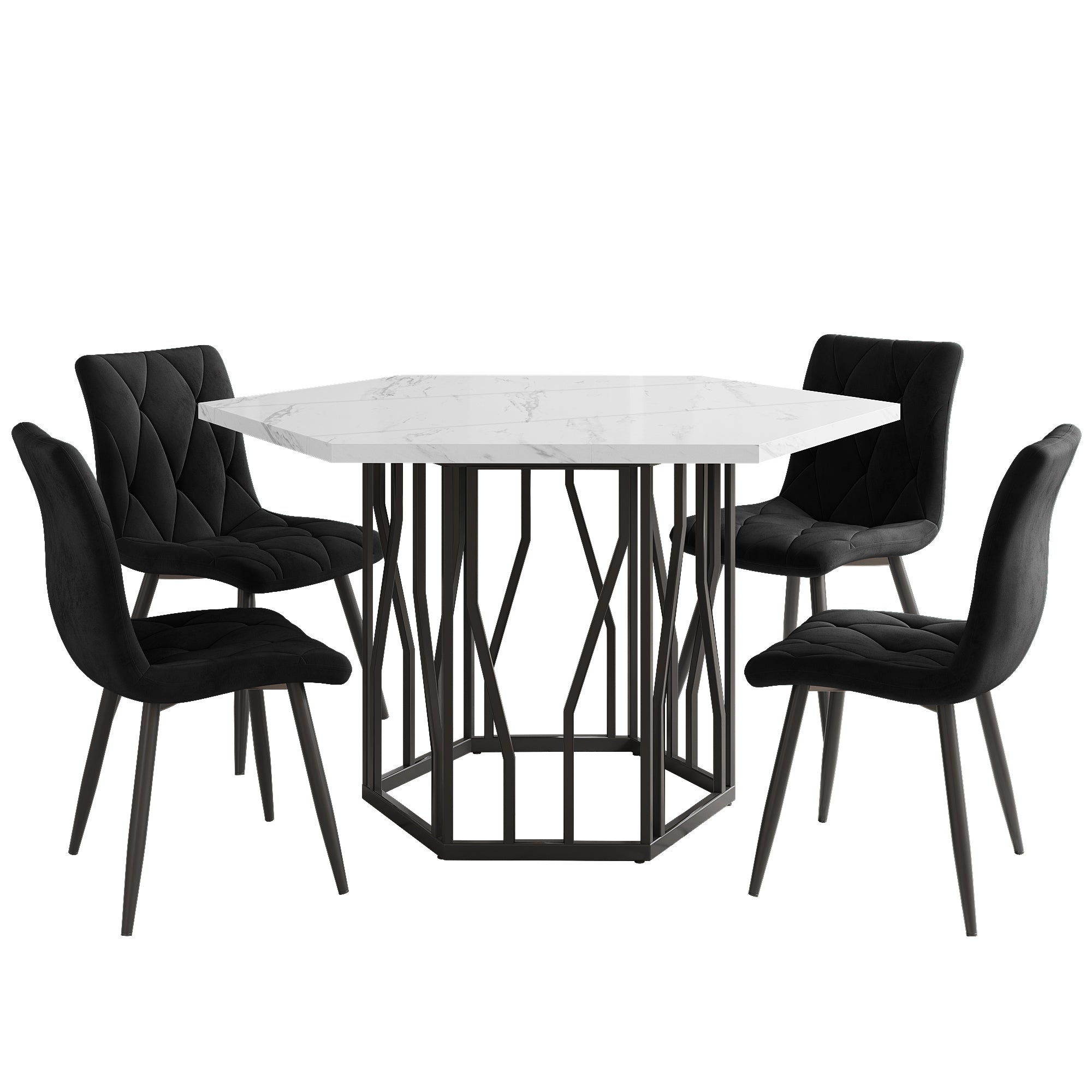 5-Piece Dining Set, Modern Hexagonal Marble Table with 4 Chairs, Black Velvet