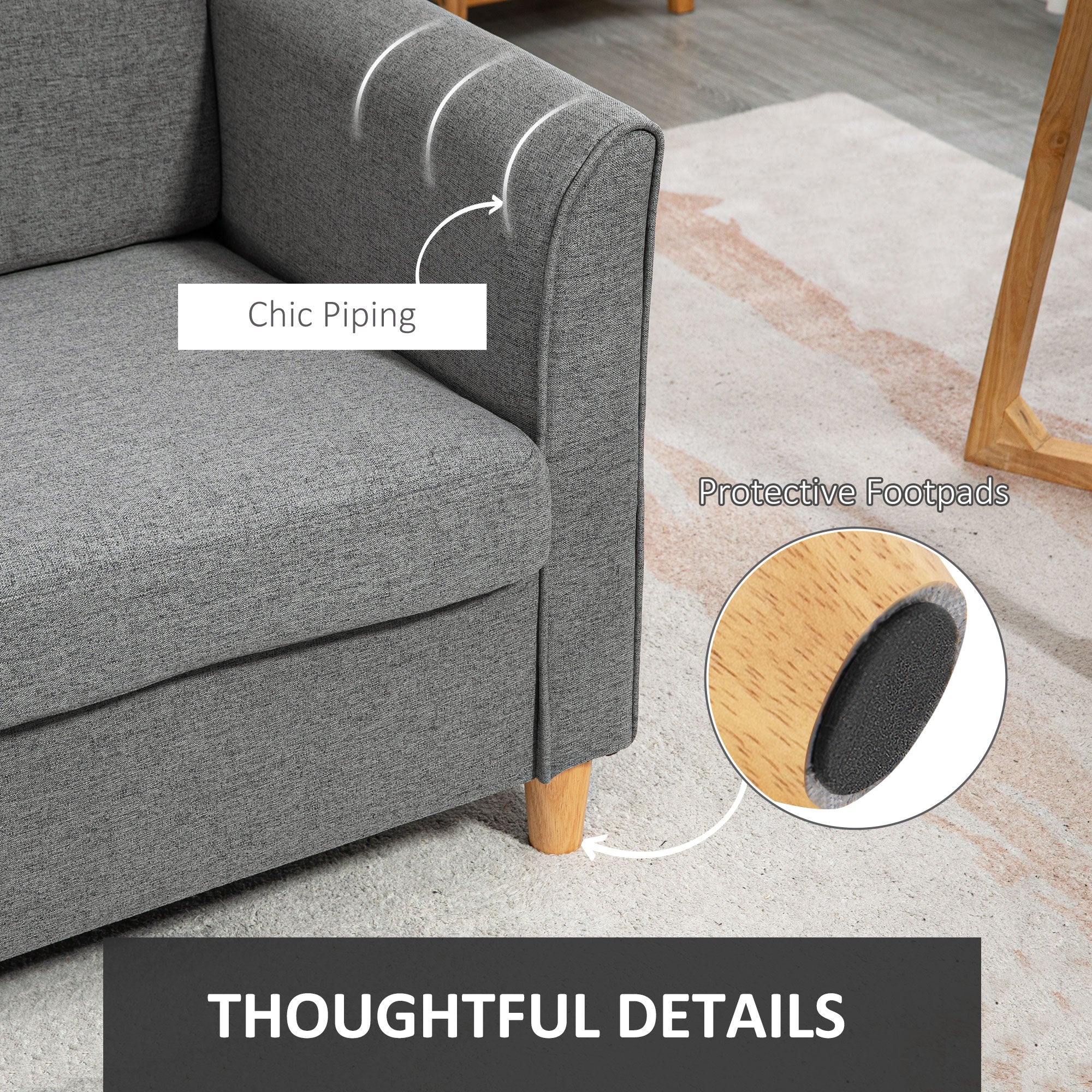 Compact Loveseat Sofa, 2 Seater with Wood Legs, Grey