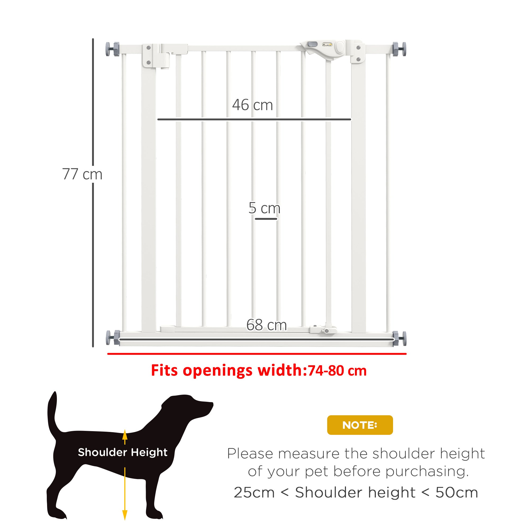 Dog Safety Gate, No-Drill Barrier/Stair Gate 74-80cm, Metal/Plastic White