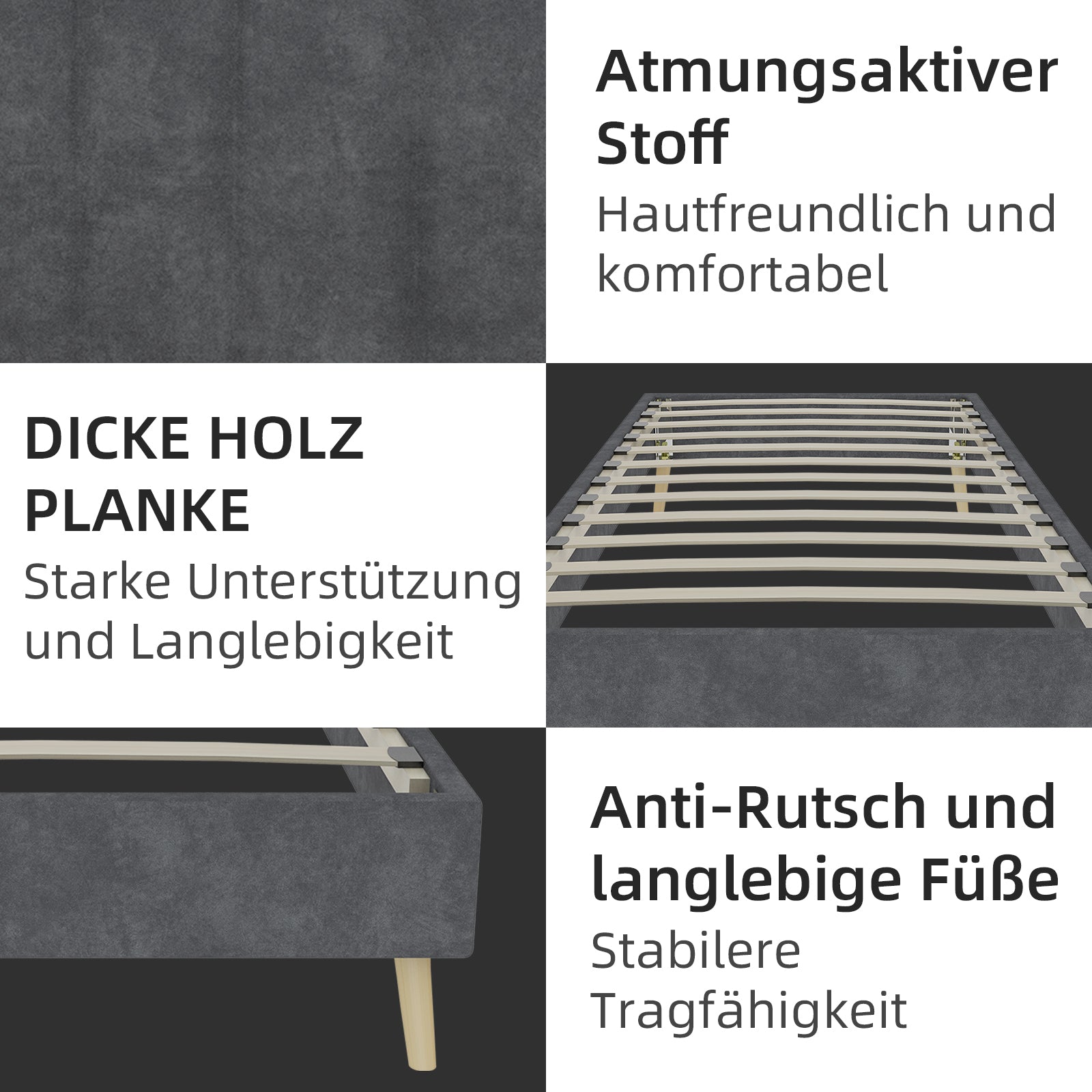 Modern Minimalist Bed Frame, Low-Profile Base 90x200 cm, Grey Dutch Velvet Fabric