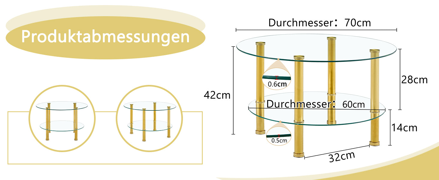 Coffee Table 2-Tiered Glass Gold Metal Legs