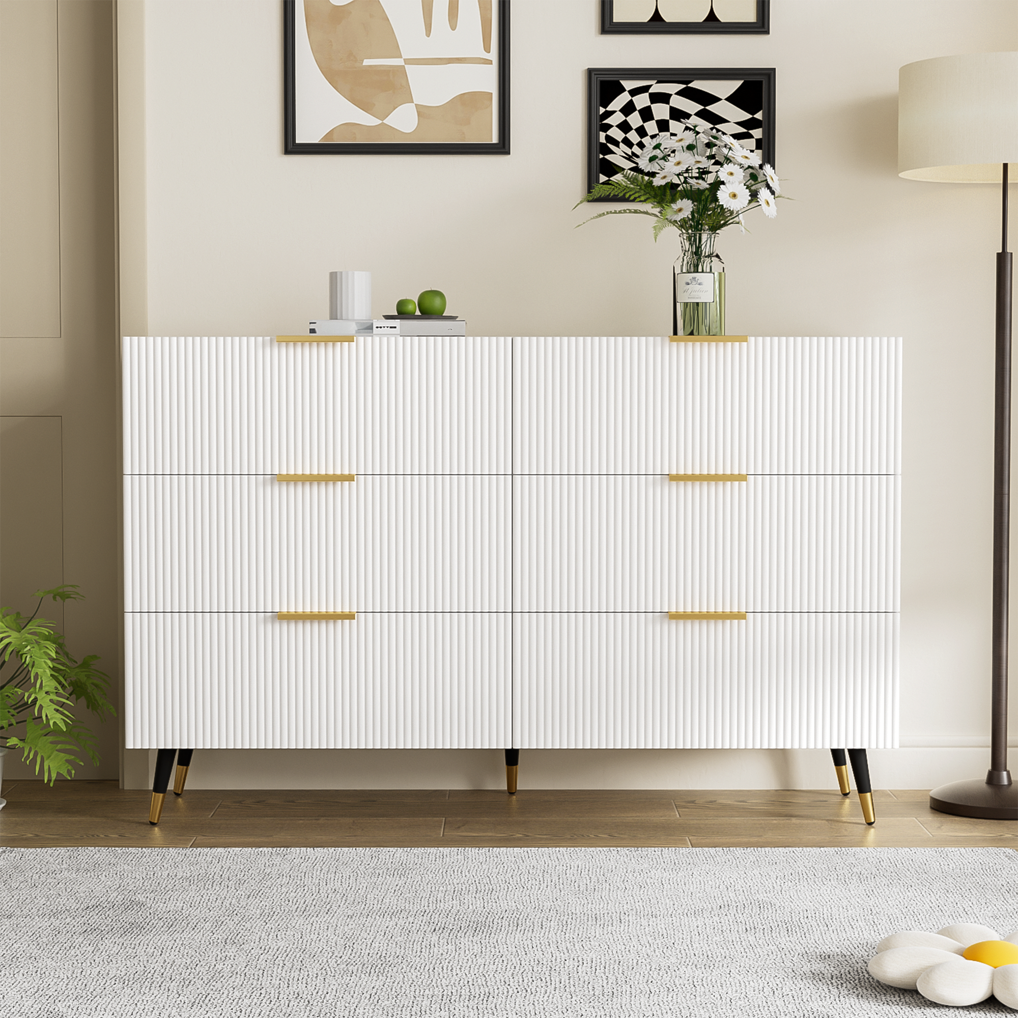 Sideboard, Modern Design Chest of Drawers, Wood, White and Gold
