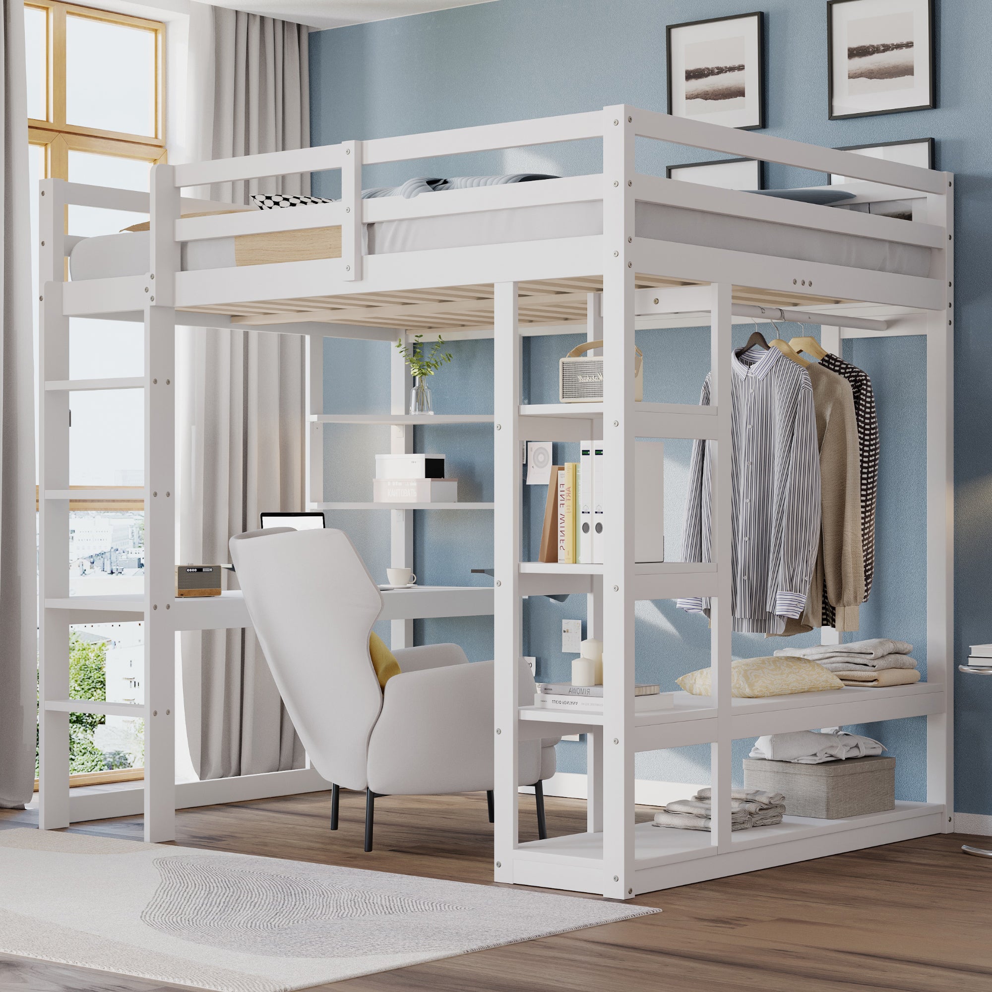 Loft Bed with Ladder, 140x200cm, Table, Shelves, Solid Wood White