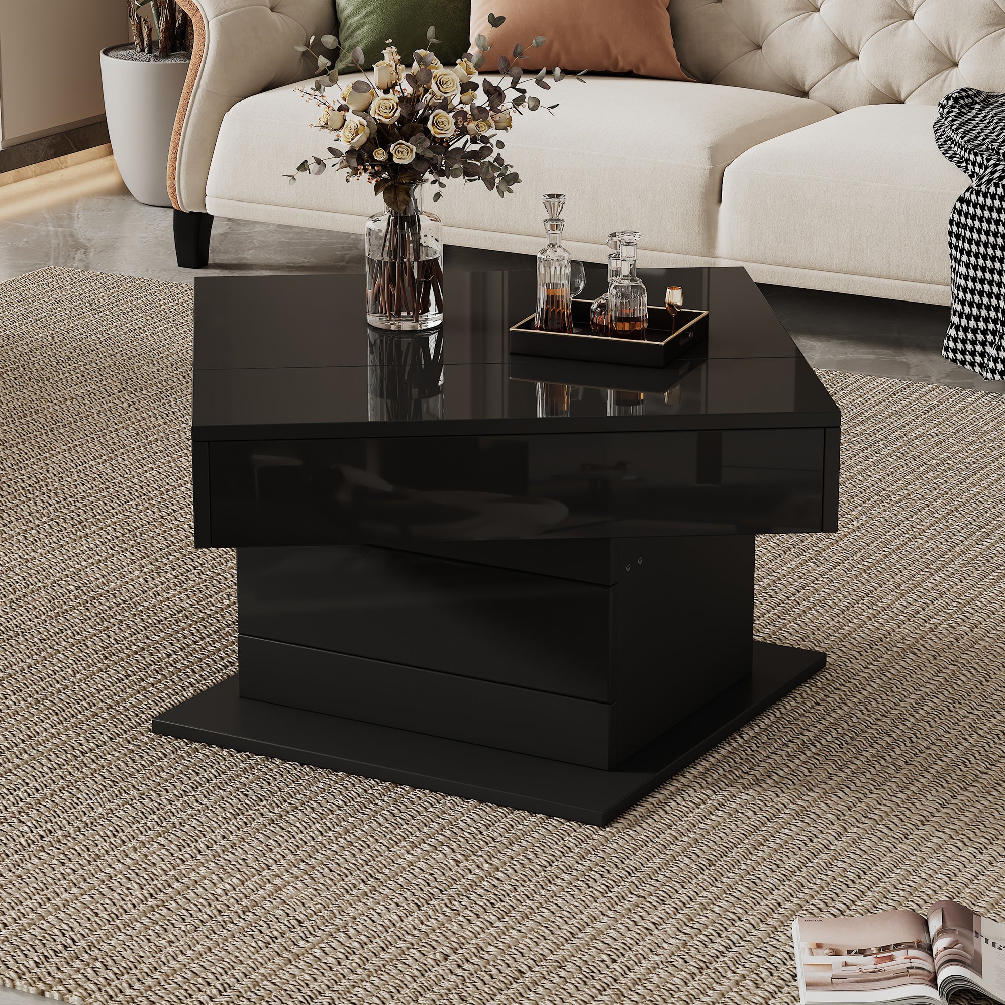 Coffee Table Geometric 360° Swivel Lift-Top 1 Drawer High-Gloss - Black