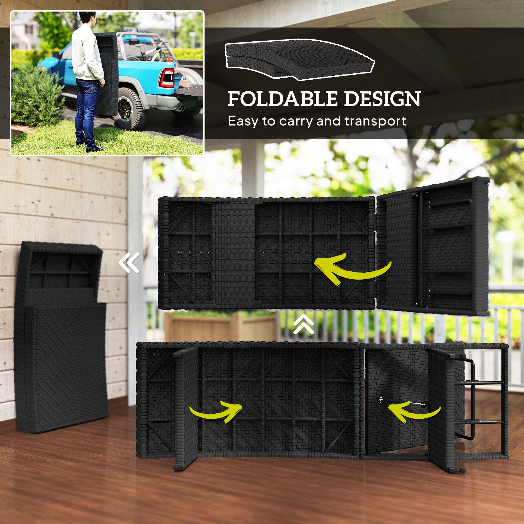 Outdoor PE Rattan Sun Lounger, Folding Recliner with 4-Level Adjustable Backrest & Wheels, Black