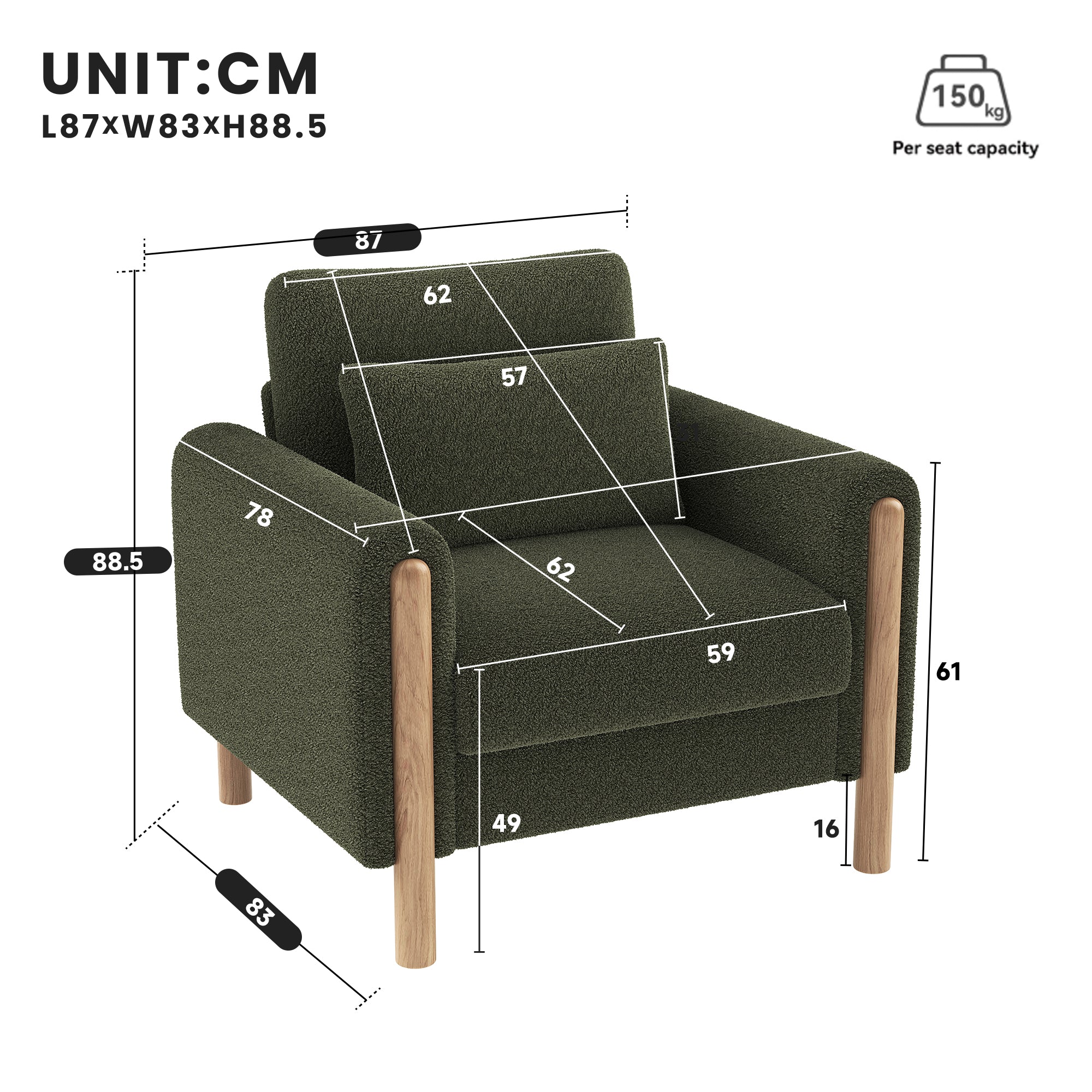 Modern Armchair, Thick Cushion, Comfortable Single Seater, Green