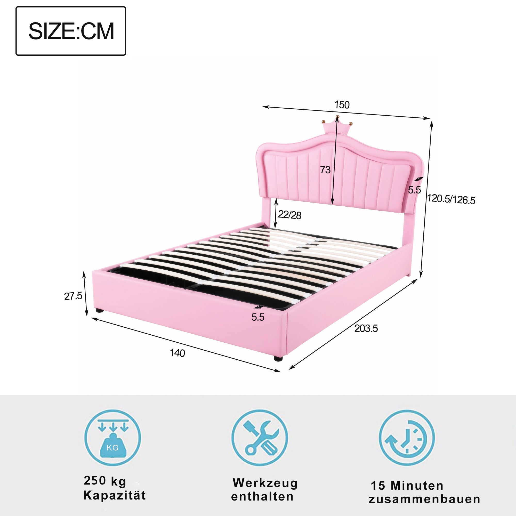 Children's Bed, 140x200cm Hydraulic Storage, LED, Pink PU Leather