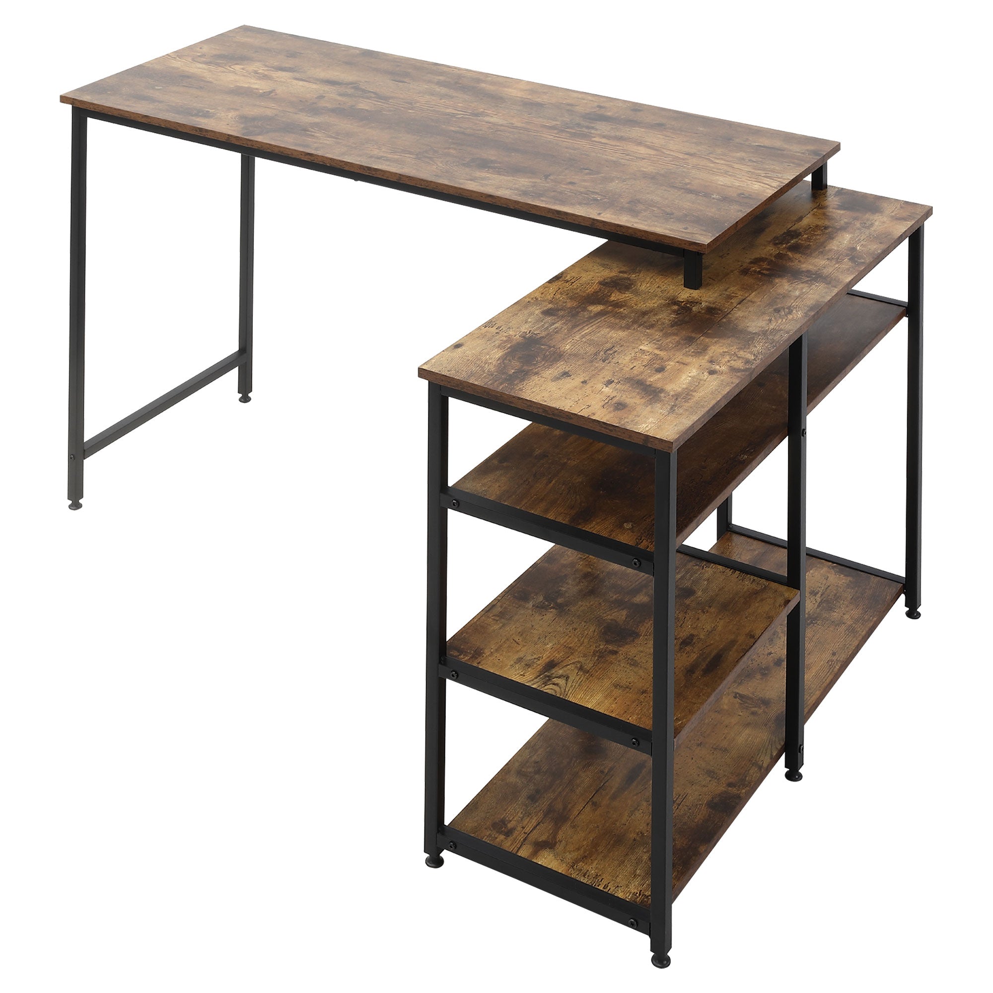 Corner Desk with Shelf and Drawer, L-Shaped, Rustic Brown Chipboard Metal