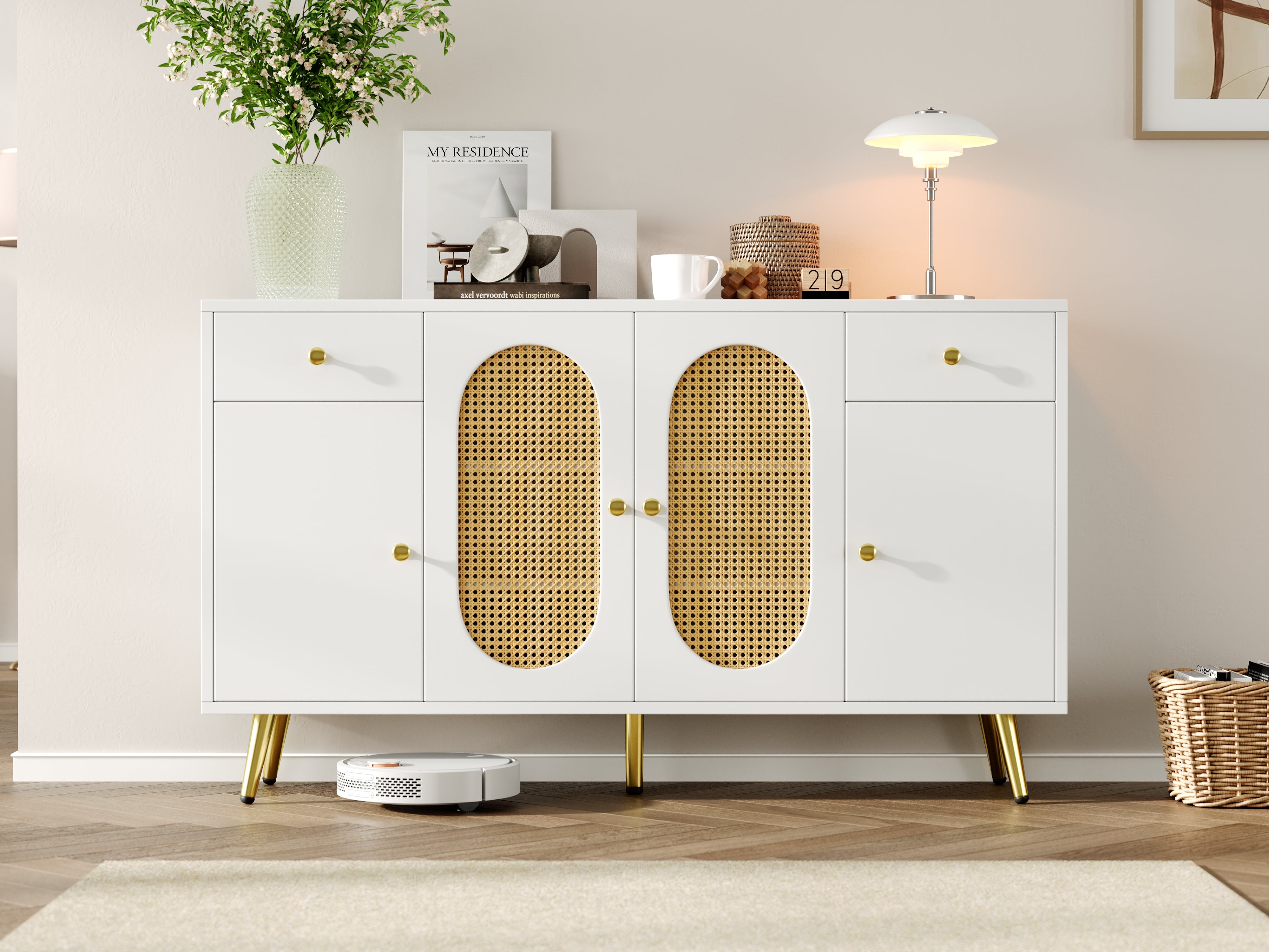 Chest of Drawers Sideboard 2 Drawers 4 Doors Adjustable Shelves White/Natural
