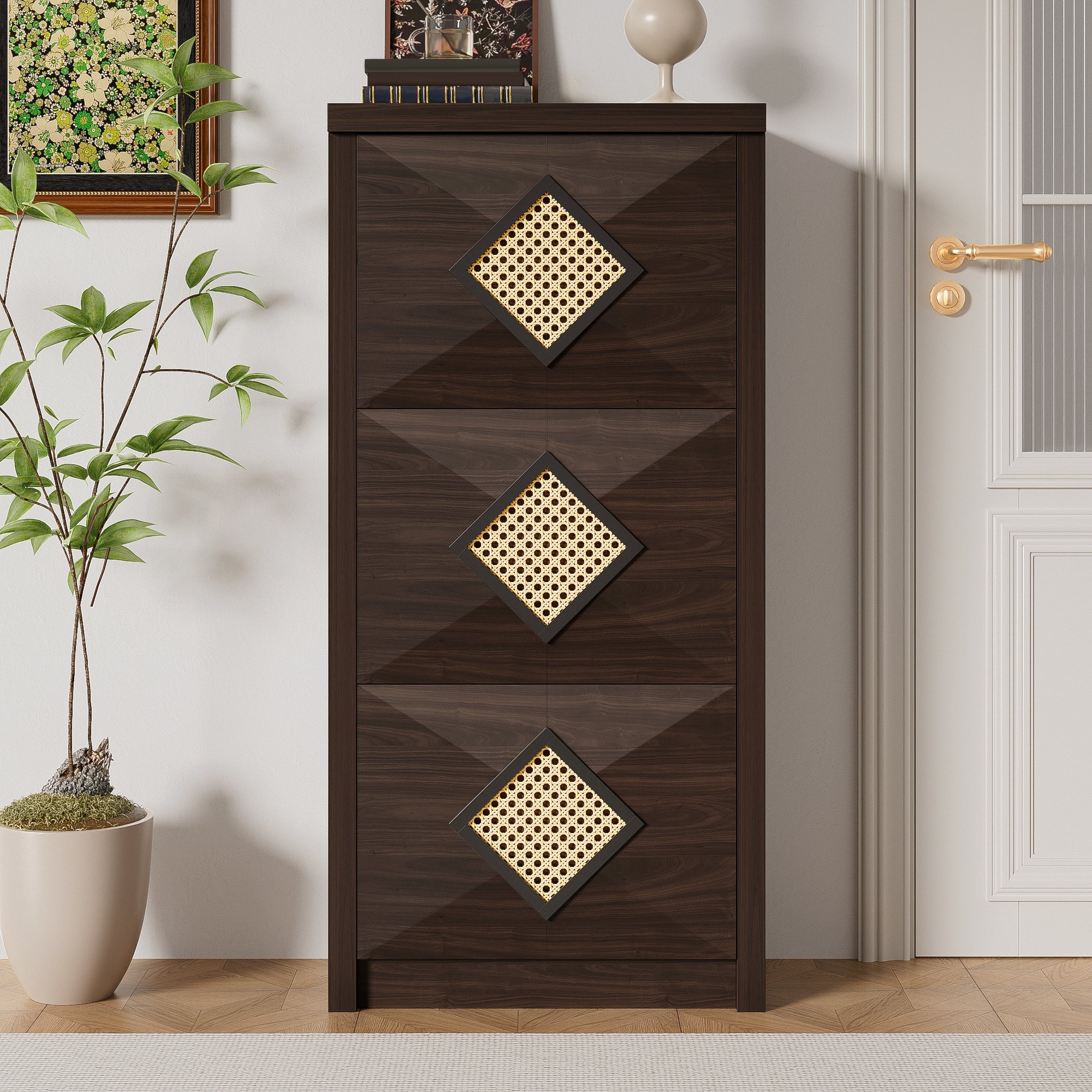 Vintage Shoe Cabinet Rattan Decor 3 Drop-Down Compartments 54x25x115cm - Dark Brown Wood