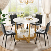 Dining Table Set, 5-Piece Round with 4 Chairs, 80cm, Gold Metal Legs, MDF Marble, Grey