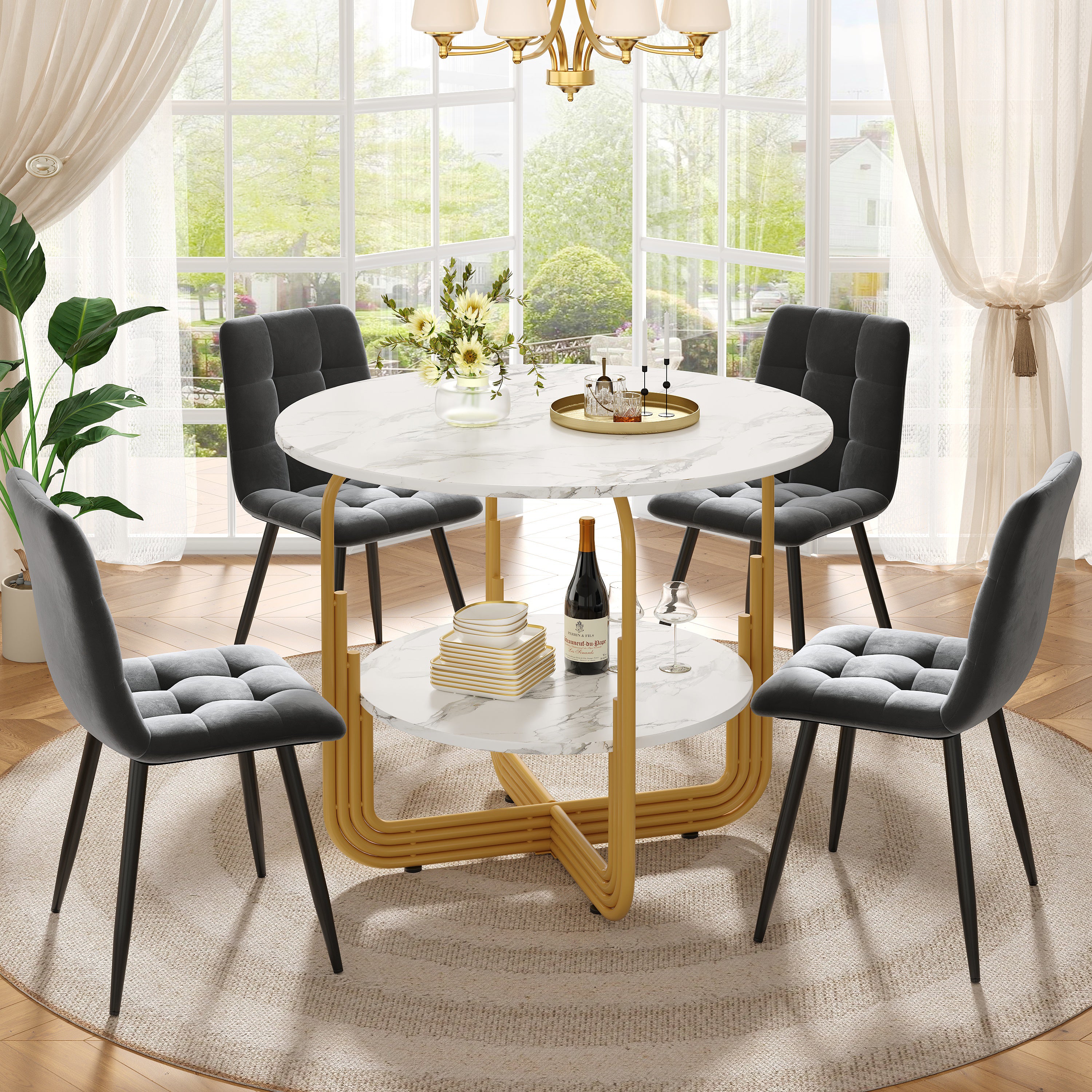 Dining Table Set, 5-Piece Round with 4 Chairs, 80cm, Gold Metal Legs, MDF Marble, Grey