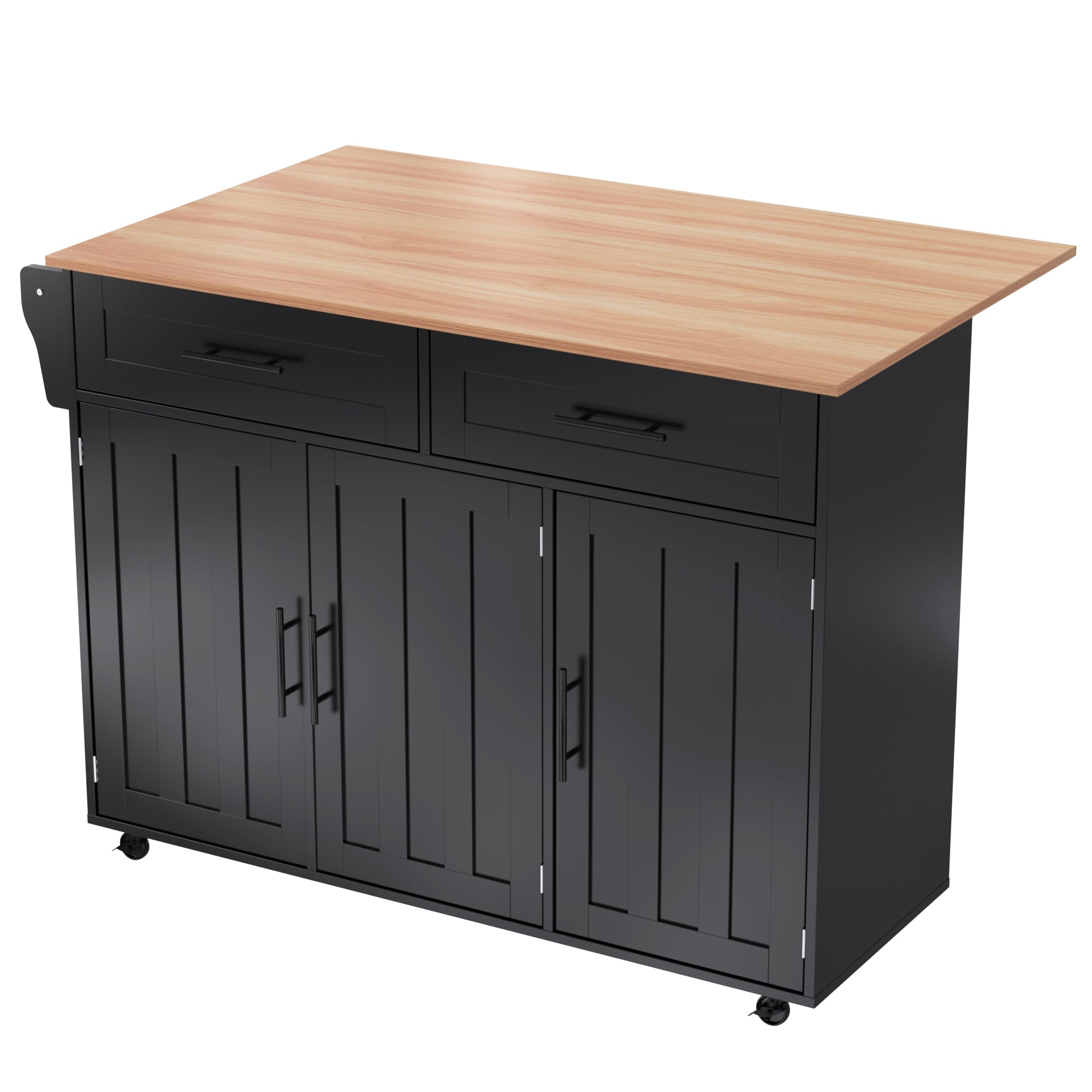 Kitchen Trolley with Foldable Extension and Storage Drawers, Black and Light Wood Look