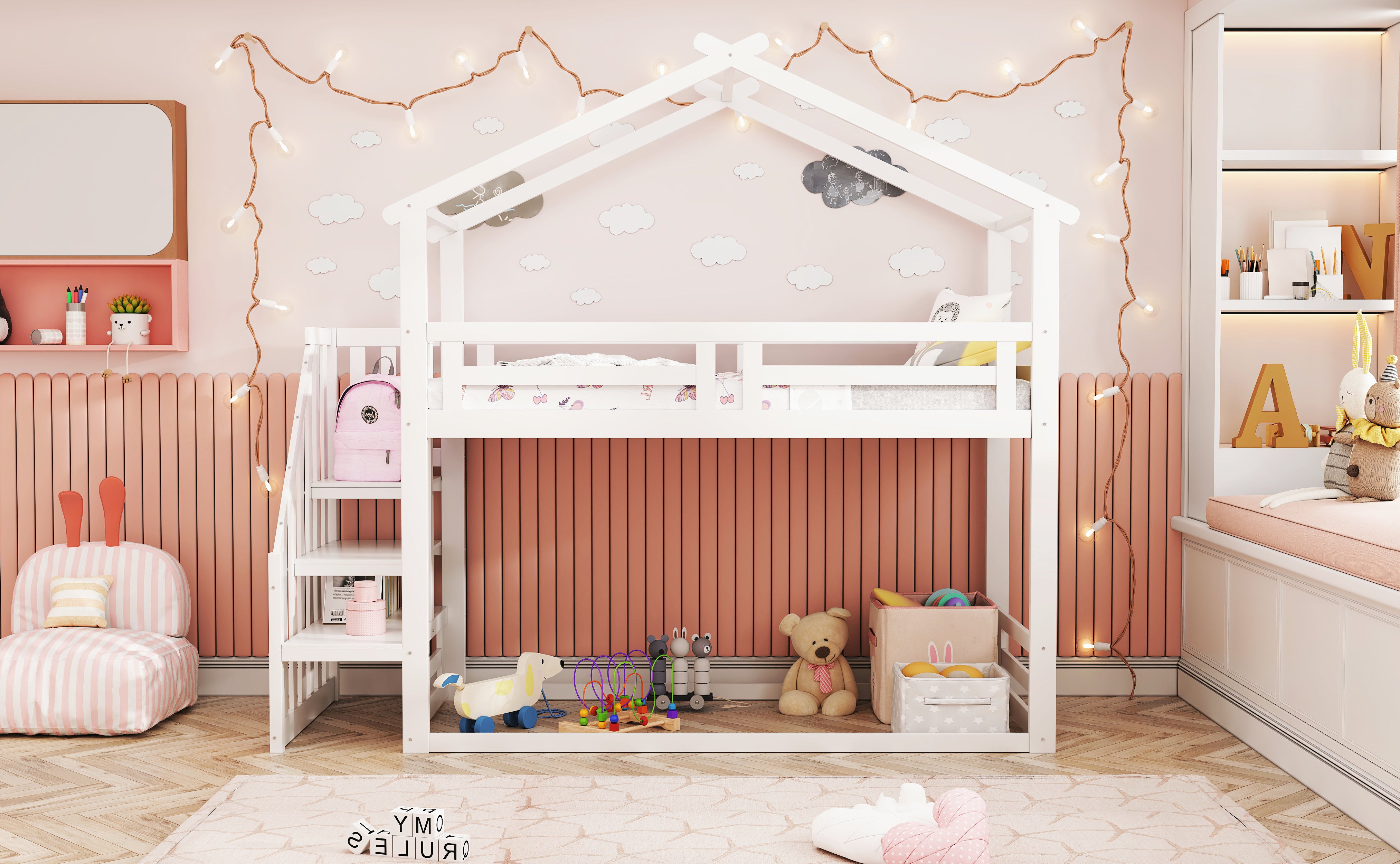 Children's Bed 90x200cm, Low Bunk Bed with Safety Stairs, Solid Wood, White