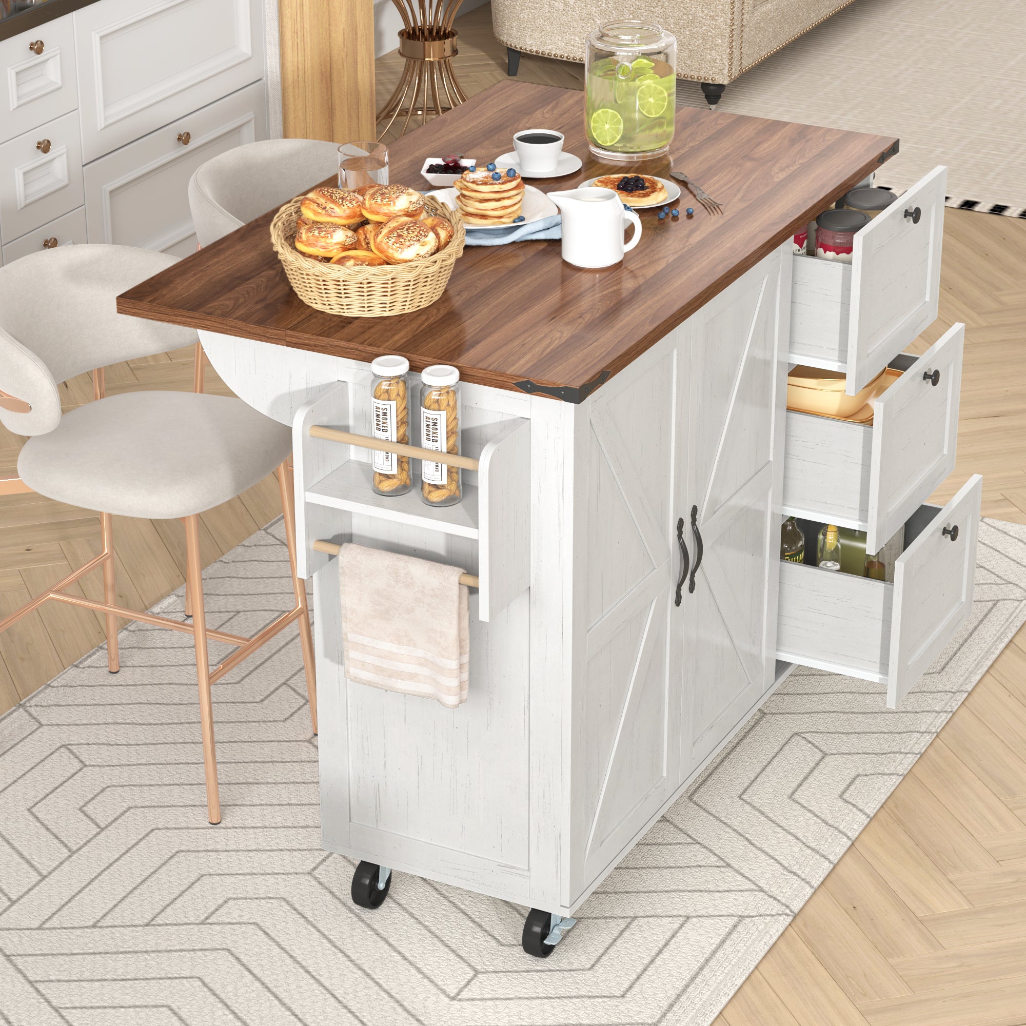 Kitchen Island Serving Trolley Extendable Worktop Storage Cabinet 2 Doors 3 Drawers, Wood Grain Finish