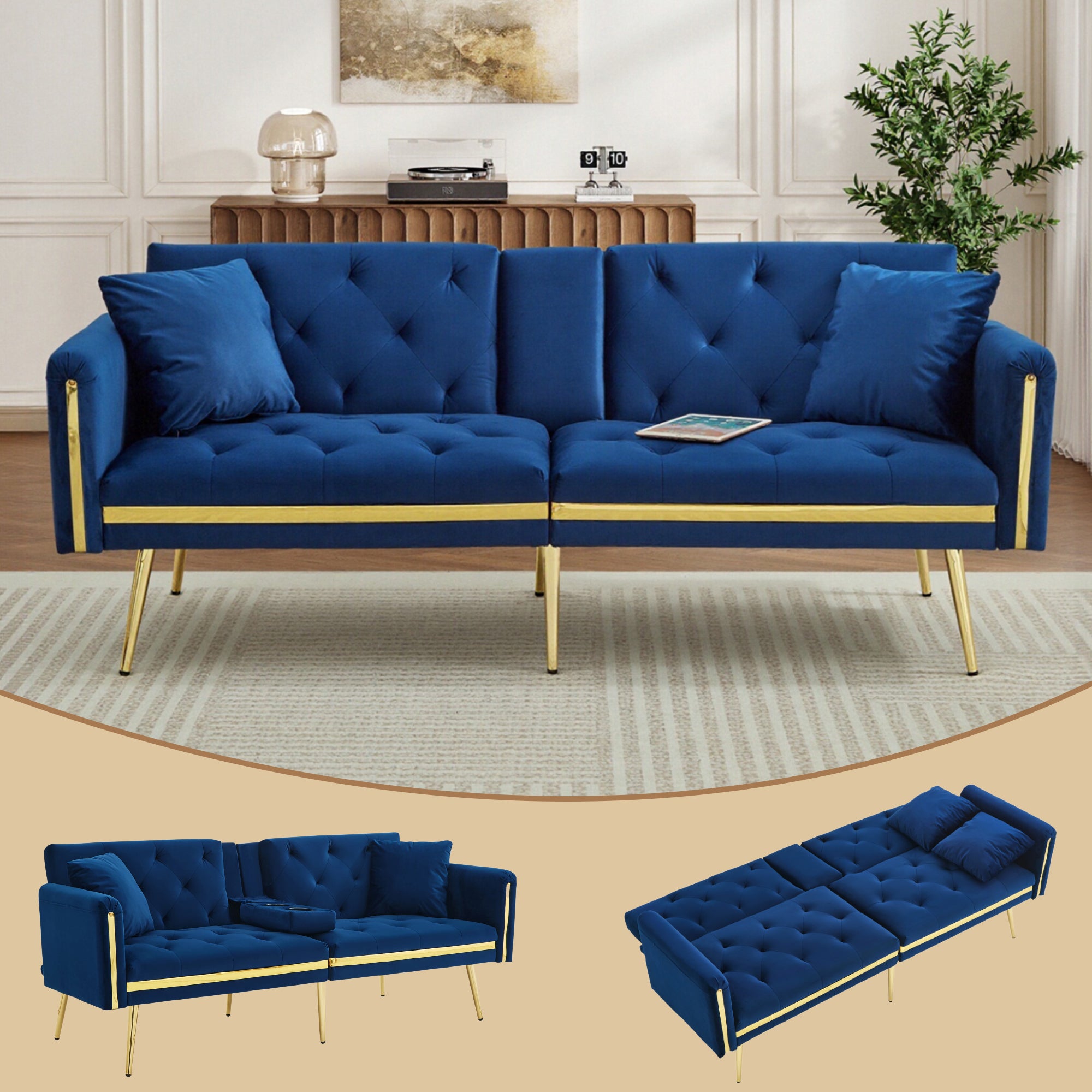 Two-seater Sofa Bed, Adjustable Backrest, Gold Accents, Cup Holders, Velvet