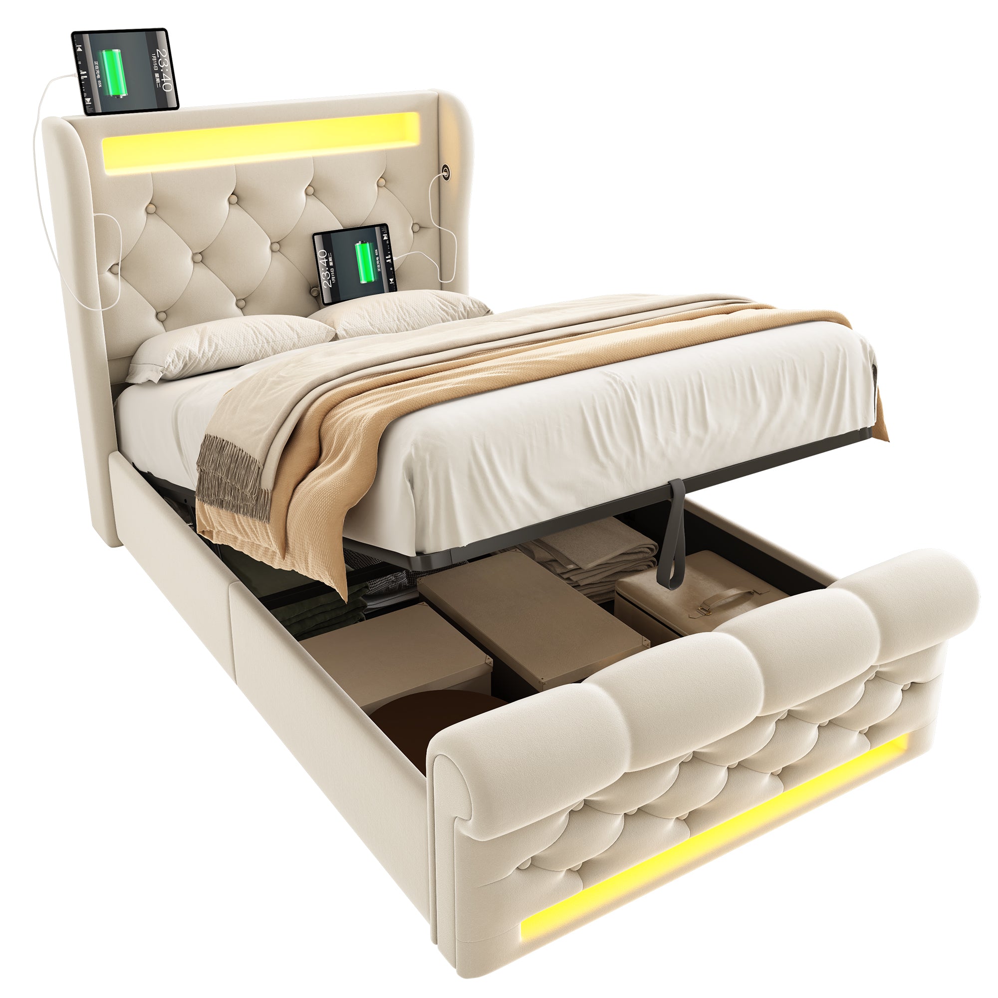 Upholstered Single Bed 90x200cm LED Headboard USB Type-C Hydraulic Storage, Beige Velvet