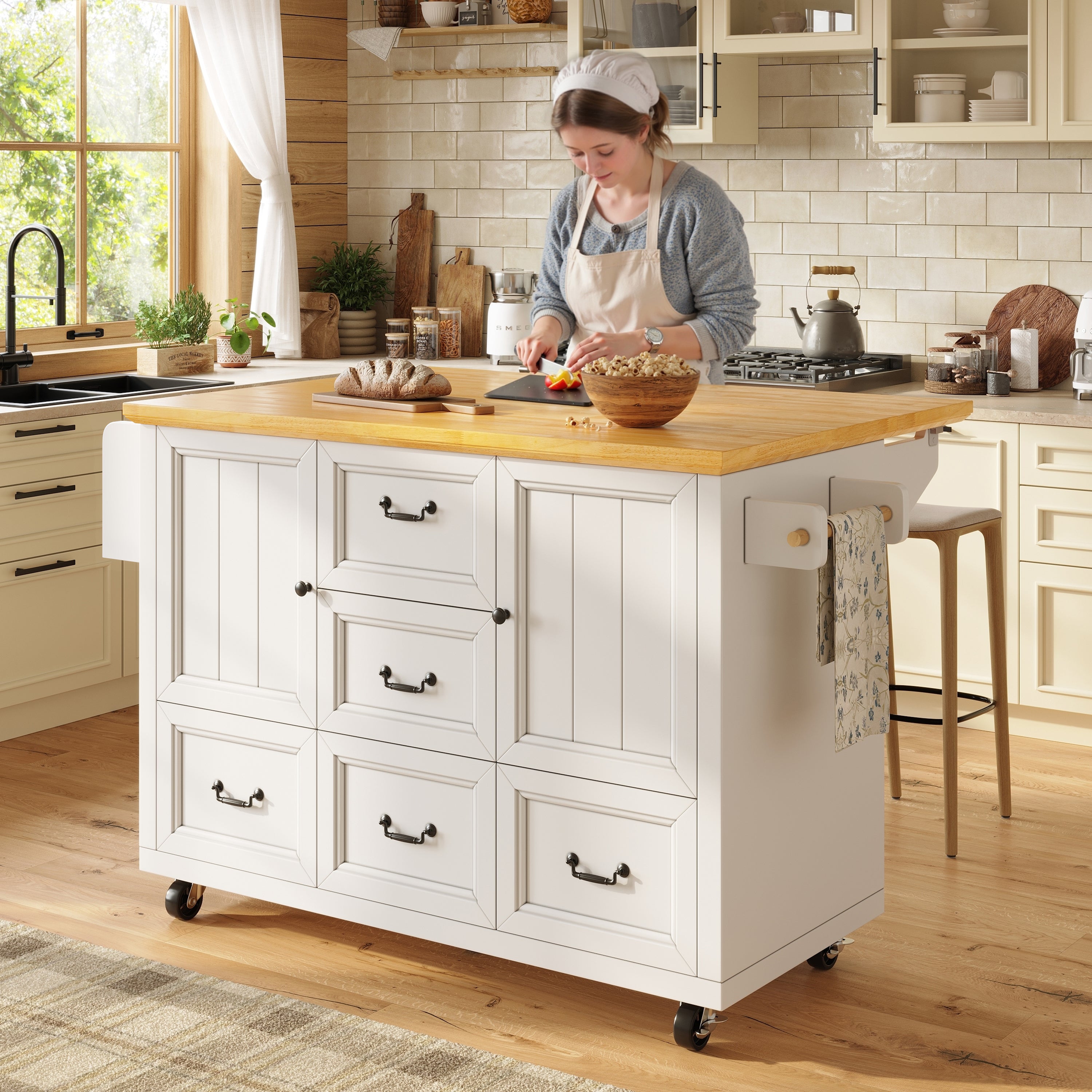 Kitchen Island Extendable Trolley 5 Drawers Towel/Spice Rack - White/Black